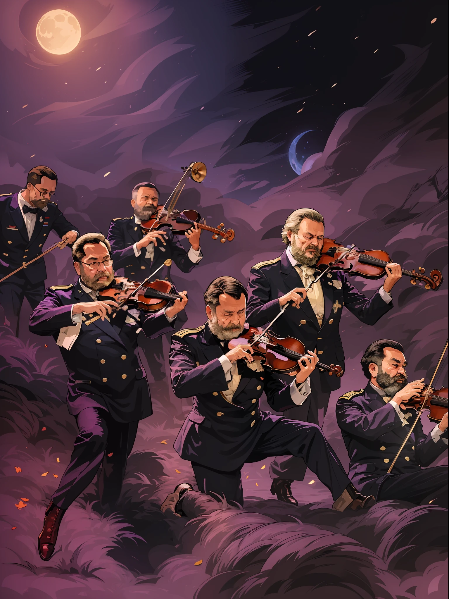 Members of the military band do not want silence
To Valhalla, Their path in bright light
There is only the moon in the sky, There is only war in the heart
And the crazy tango of death.
So go ahead, Wagner, Play
Lift up the orchestra members
Lifting with a slight stroke of the bow