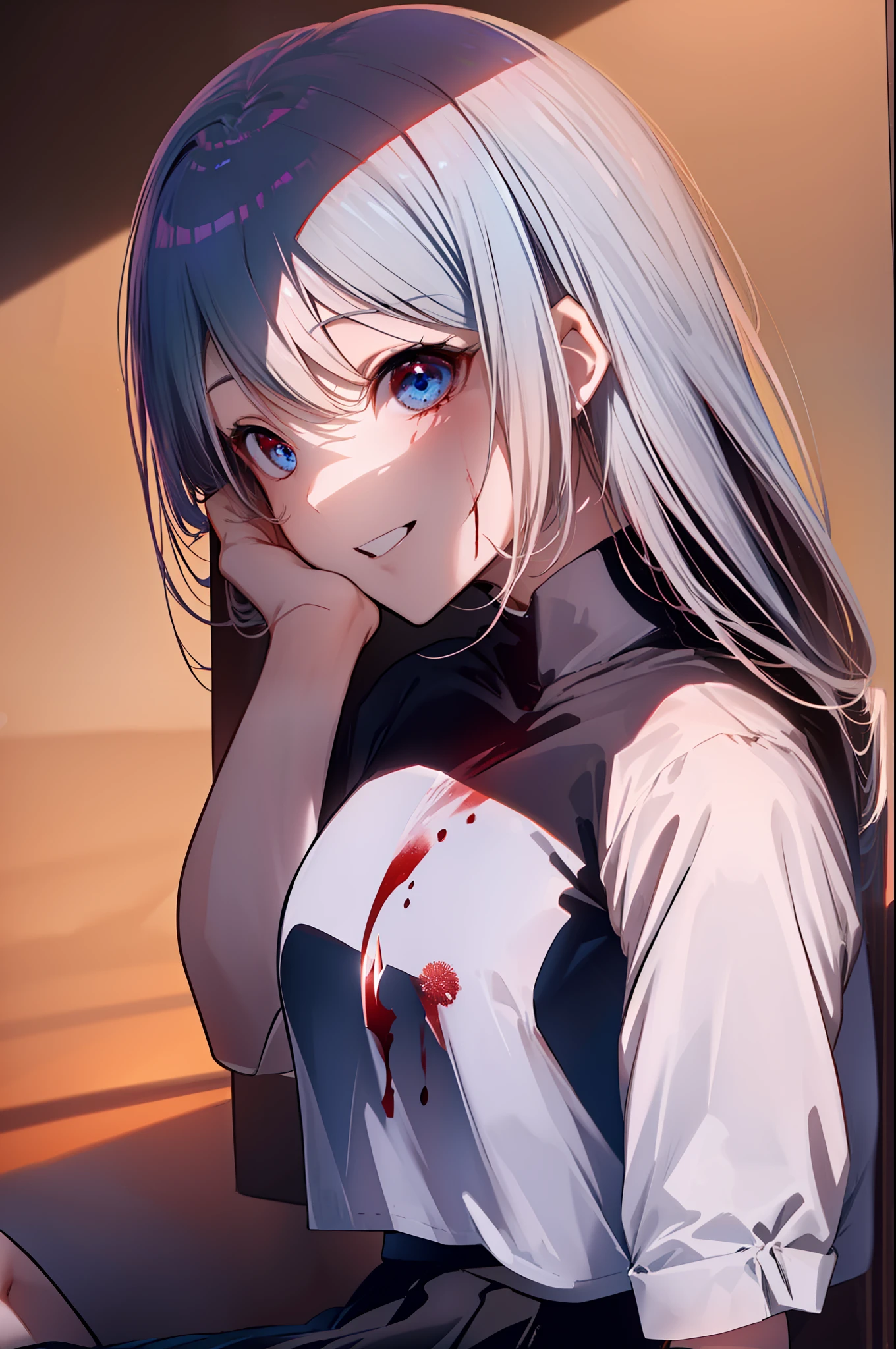(((((obra-prima))))), (((((melhor qualidade))))), High, ((((1Kei)))), ((((((((((She's sitting in a wooden chair)))))))))), ((((((Ultra-detailed blue hands and eyes)))))), ((((1girl)))), ((Formoso)), ((((((((((Knee length black skirt)))))))))), ((((((cabelo longo)))))), ((((((((((Sorriso sombrio feminino e cativante)))))))))), ((((((((((She has a knife in her right hand with blood)))))))))), ((((((((((blood)))))))))), ((((sozinha)))), ((((((Uma garota com cabelo grisalho longo e olhos azuis)))))), (((fita))), (((franja))), (((鎖骨))), ((((cabelo grisalho)))), ((((((Saia preta na altura do joelho)))))), ((((((((meias pretas compridas)))))))), (((faixa de cabelo preta))), (((neck ribbon))), (((cabelo entre os olhos))), ((((middlebreasts)))), ((((There is only one person)))), ((((adolescente de 15 anos)))), (((uniforme escolar feminino camisa branca jaqueta preta jaqueta aberta saia preta longa))), ((corpo inteiro anatomicamente correto)), (((pernas femininas normais cruzadas))), ((usa sapatos pretos)), ((Detailed full scenario)), ((mystery)), ((Tempo tenso)), Postura equilibrada, blush sutil | | | | | |, Pingente de cristal BREAK golden hour, (Rim lighting): 1.2, tons quentes, Brilho lunar, sombras suaves, noite, cores vibrantes, painterly effect, dreamy atmosphere BREAK scenic lake, montanhas distantes, salgueiro, calm water, reflection, nuvens iluminadas pela lua, (((Dark scenery and terror))), (((((Vista de corpo inteiro e escenario completamente detalhado))))), (((pegue a chave))), Ultra Detalhado, Arte Oficial, Unity 8k papel de parede, Zentangle, mandala