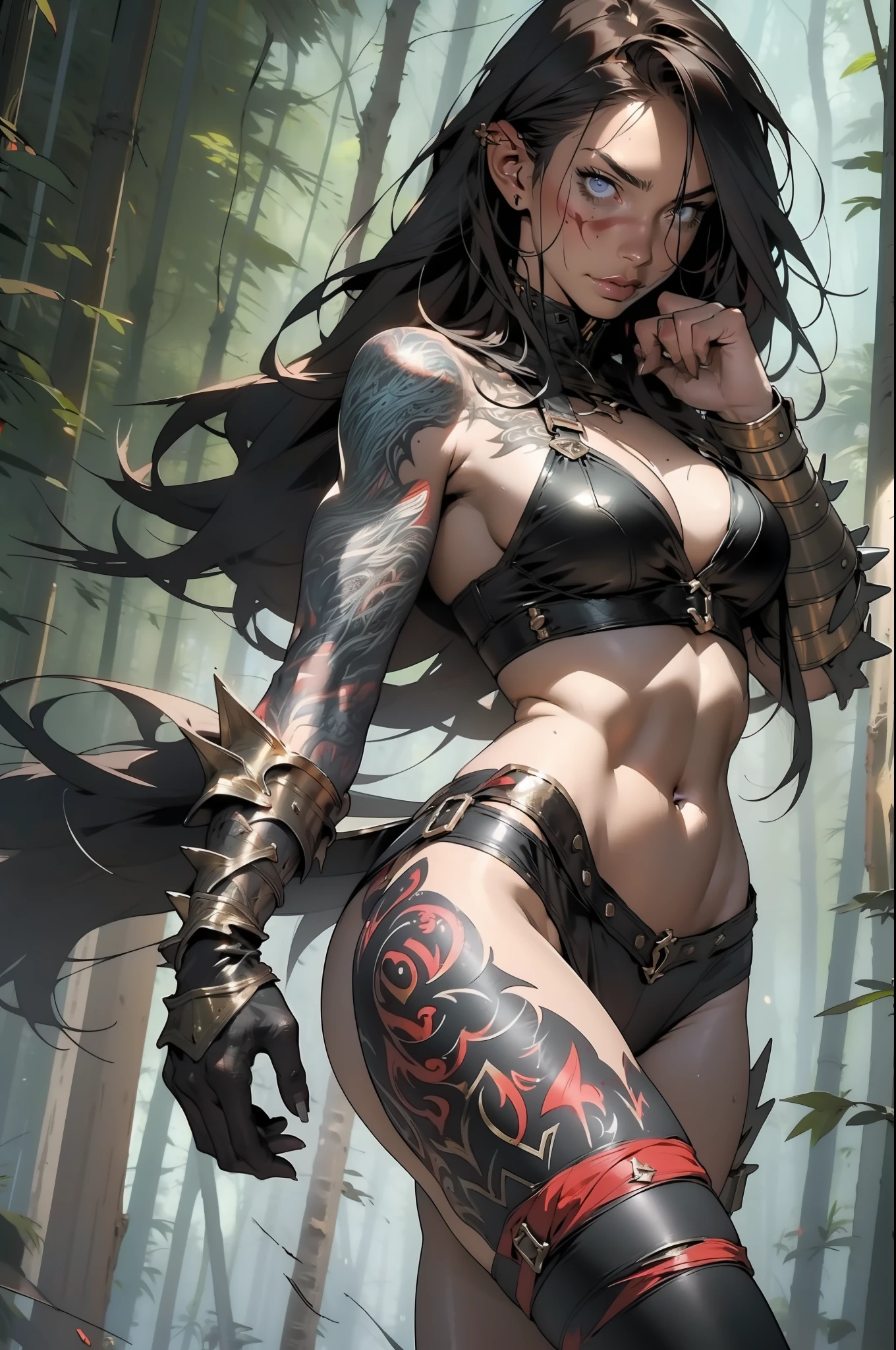 ((Simon Bisley)), Beautiful full-body woman, 30 years old, muscular and perfect body, ((back)), medieval warrior with little clothing, tiny thong, metal bra with spikes, tribal tattoo, arm covered by metallic armor, large breasts, generous neckline, holding a blood-stained sword, brave face, dark kingdom, sexy pose, walking in a forest