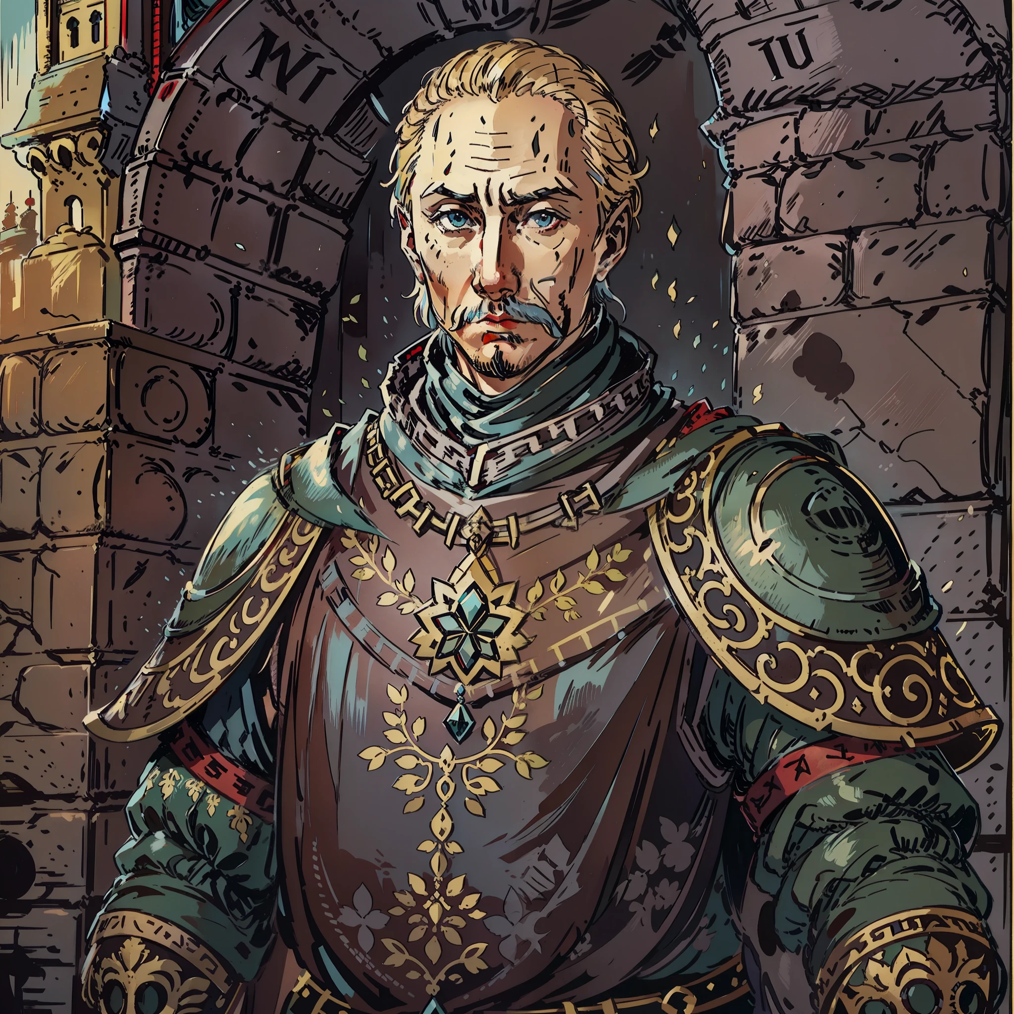 Putin look a like, feudal lord, Personagem de RPG, fantasia medieval, fechar retrato, Armadura preta, castelo de fundo