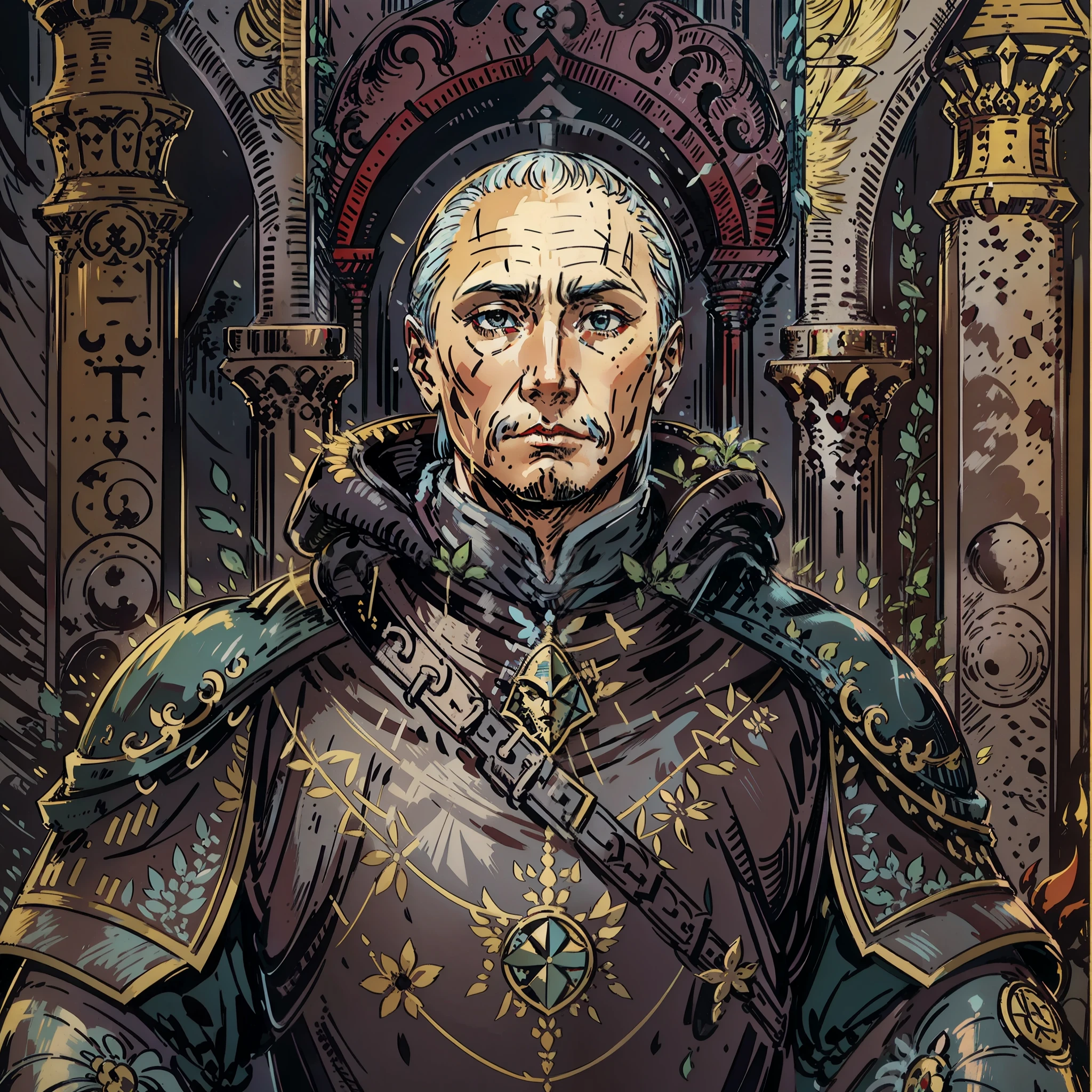 Putin look a like, feudal lord, Personagem de RPG, fantasia medieval, fechar retrato, Armadura preta, castelo de fundo