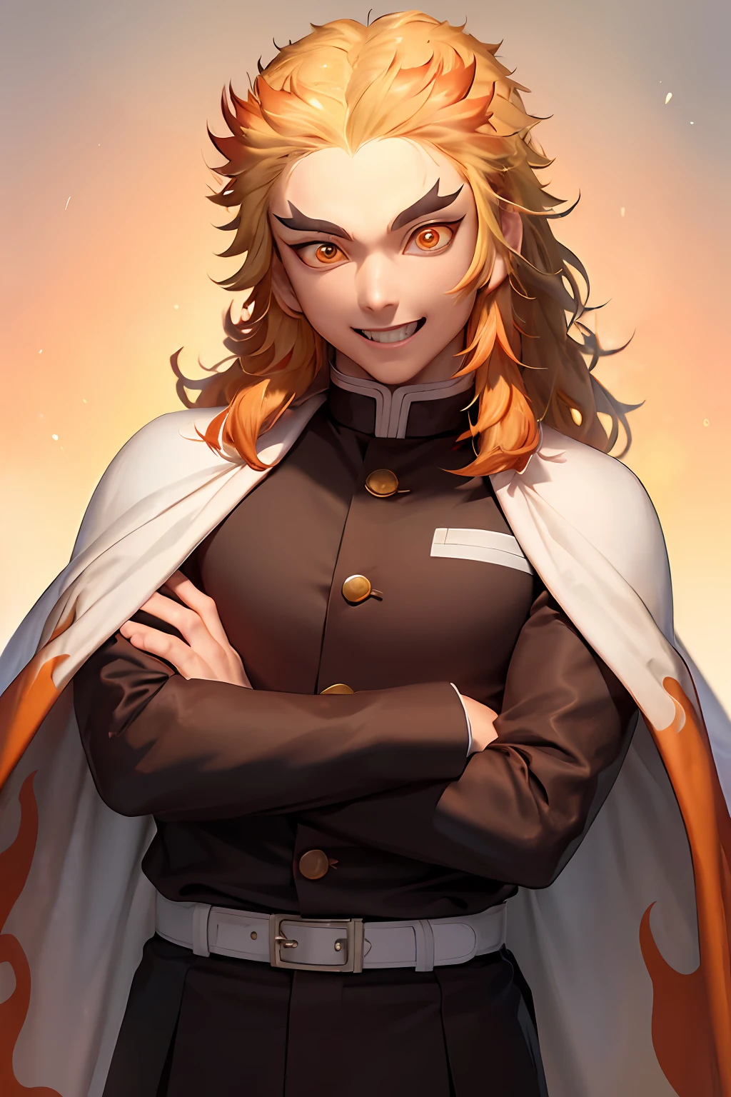 (masutepiece, Best Quality:1.2), Orange theme, Cowboy Shot, Solo, Male Focus, 1boy, rengoku kyojuro, grin, Looking at Viewer, arms folded, Long hair, Bifurcated eyebrows, demon slayer uniform, Black jacket, Long sleeves, white cape, Black pants, White belt, fire