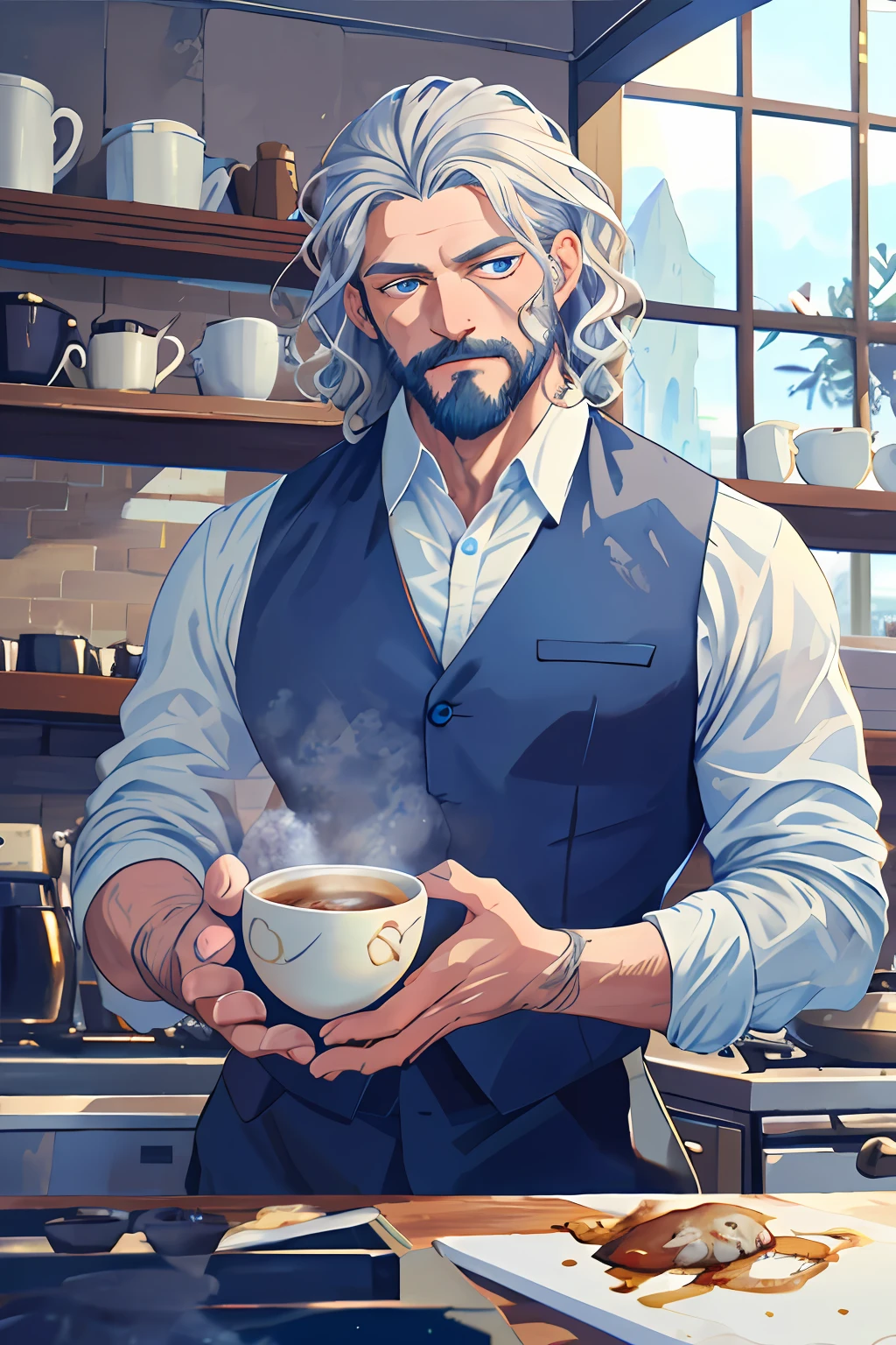 an oil painting\(Curly\)、(top-quality、​masterpiece:1.3)、finely eye and detailed face、
Only mature males、tall muscular man、The shirt、Coffee machine、A crow sits on its head、
Silver hair、blue eyess、Silver Facial Hair、
cuisine