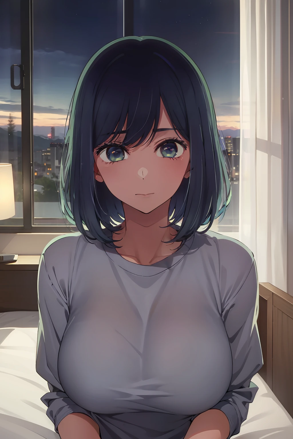 Akane Kurokawa,nackt,Rock,blaues Haar,nackt,hot,sexy,beautiful,Perfect Body,1girls,big boobs,Meisterwerk,Perfektes Gesicht,ausdrucksstarkes Gesicht,nackt,Nachts auf einem Bett in einem Wolkenkratzer neben einem Fenster liegen,Stimmungsvolles Licht