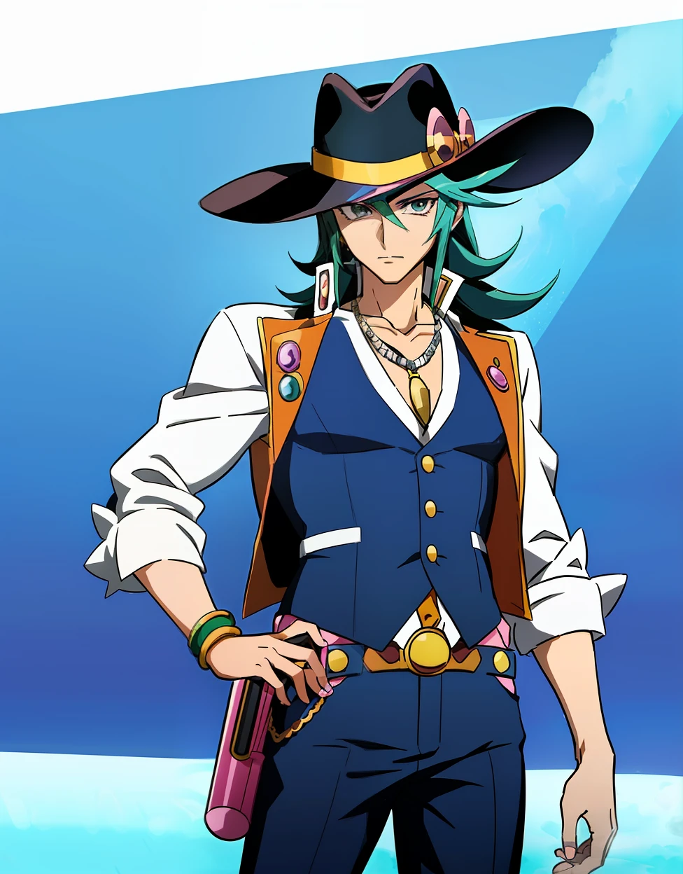 a man in a cowboy hat and vest with a gun, Tiroteio, Melhor Design de Personagens de Anime, dandy from space dandy anime, Shirow Masamune, Gatilho Estilo de Arte de Anime, personagem de anime, Otaku Gangasta, gyro zeppeli, Estilo Yugioh, Yugioh Estilo de Arte, personagem principal, space dandy style, personagem de anime masculino, anime afiado de alta qualidade