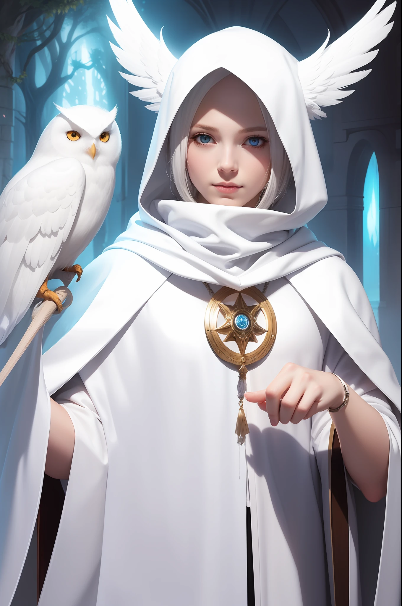 white owlin with a white hood and a white theatre mask, glowing white owl, inspired by WLOP, adorable digital painting, RPG character, dnd race, cleric