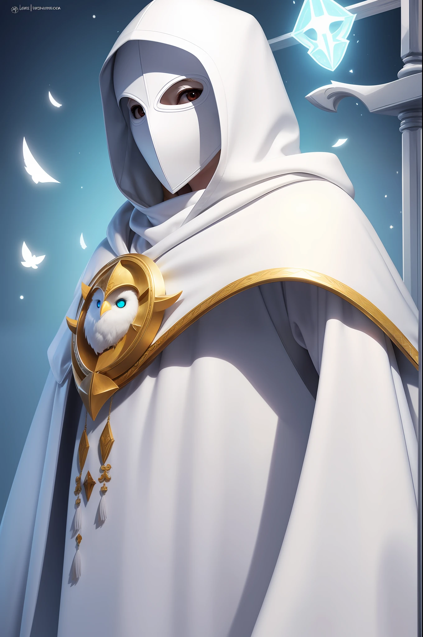 white owlin with a white hood and a white theatre mask, glowing white owl, inspired by WLOP, adorable digital painting, RPG character, dnd race, cleric