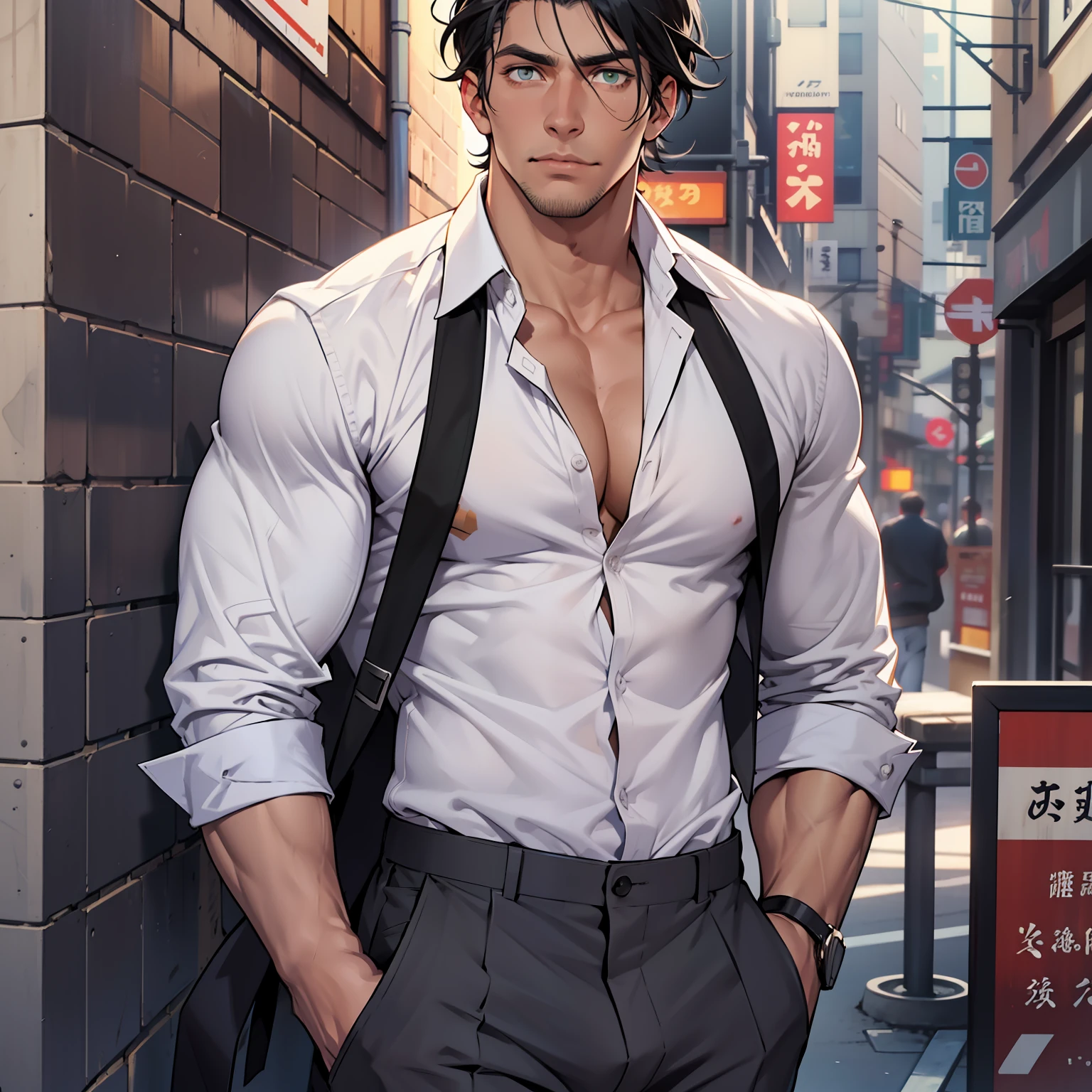 Handsome male, He has black hair, almost always unkempt but it has a certain look to it. He is tall, with broad shoulders, muscular. His face is very masculine but he has really kind eyes. hazel green eyes. Big bulge. Hair tied back. Trouser pants. White button up shirt