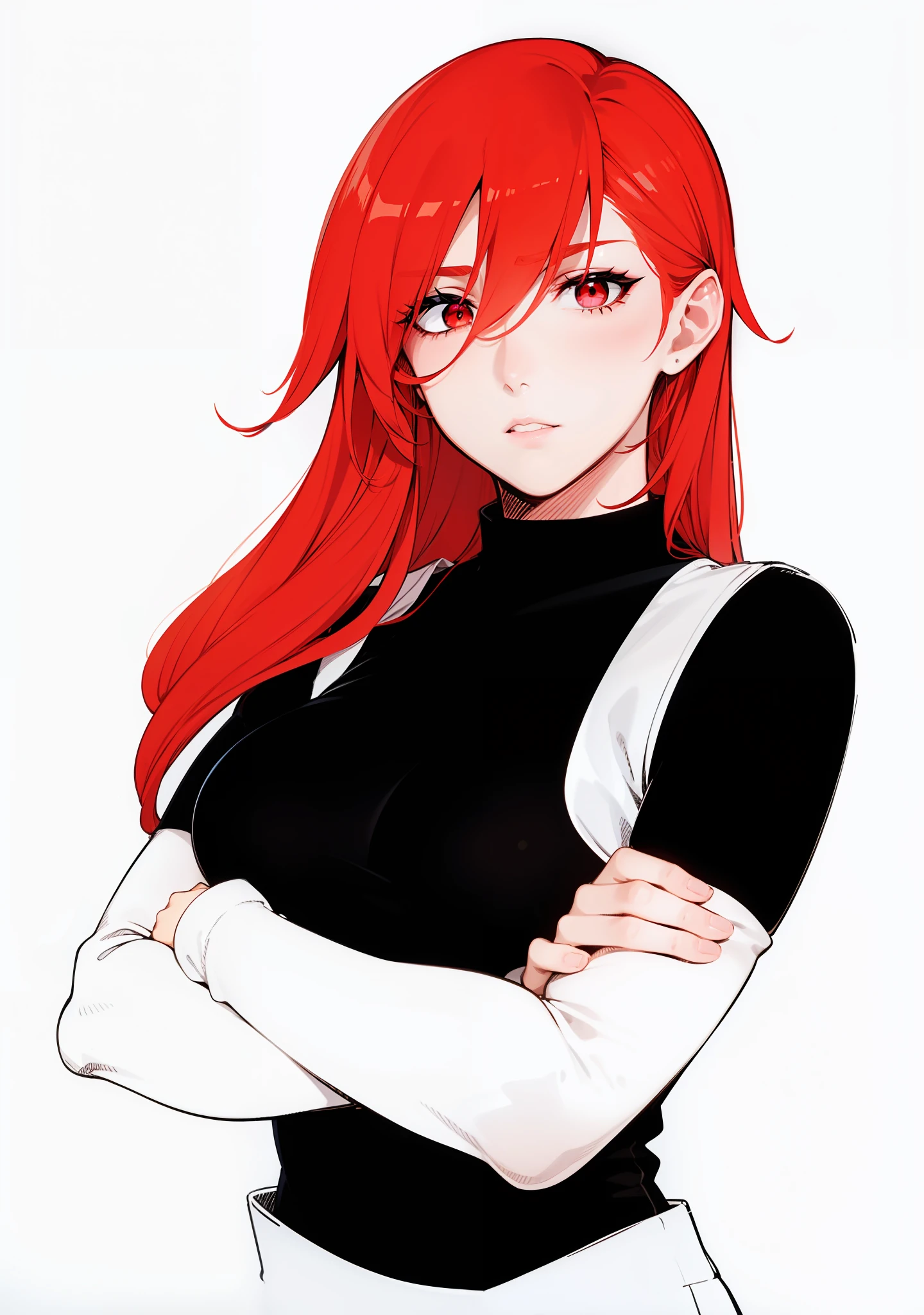Mulher elfa de cabelos ruivos, wearing a black shirt with arms crossed and white pants, seios vastos, e uma marca no rosto. Desenhos estilo anime