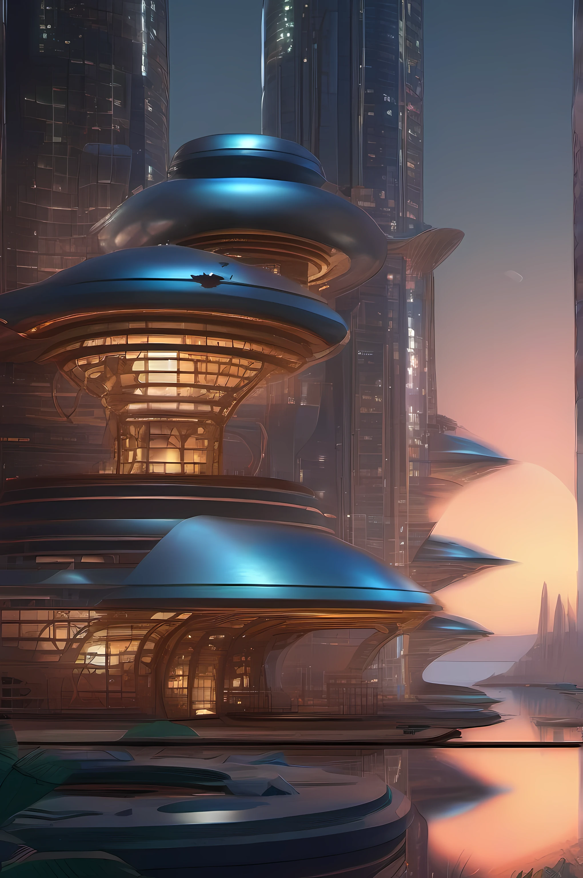 alien city, Curvilinear constructions, Translucent metal for building forms, Night scenery, arte de fantasia, arte de Clemilton Barbosa, detalhes intrincados, 16K