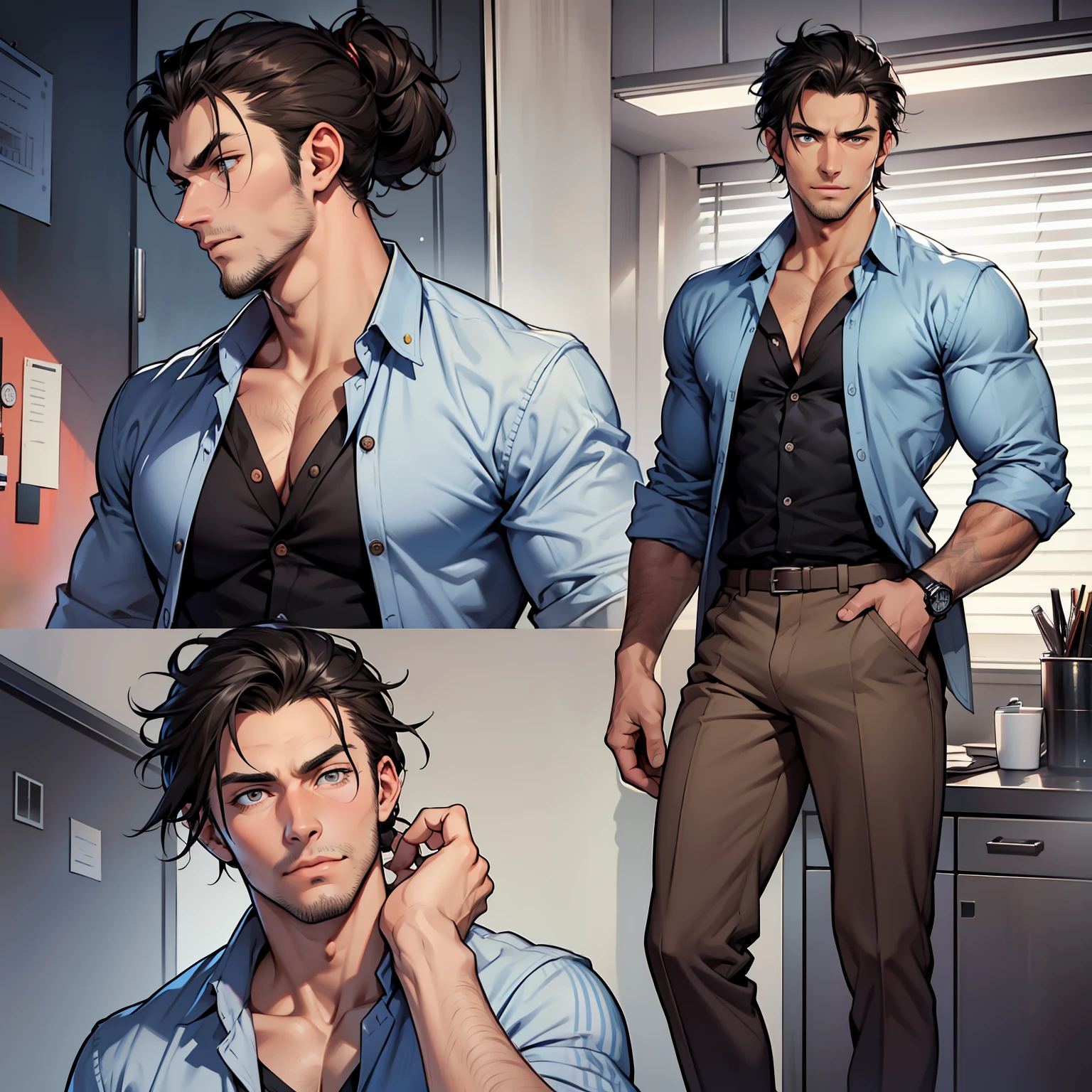 Handsome male, He has black hair, almost always unkempt but it has a certain look to it. He is tall, with broad shoulders, muscular. His face is very masculine but he has really kind eyes. Brown hazel eyes. Big bulge. Hair tied back. Trouser pants. White button up shirt