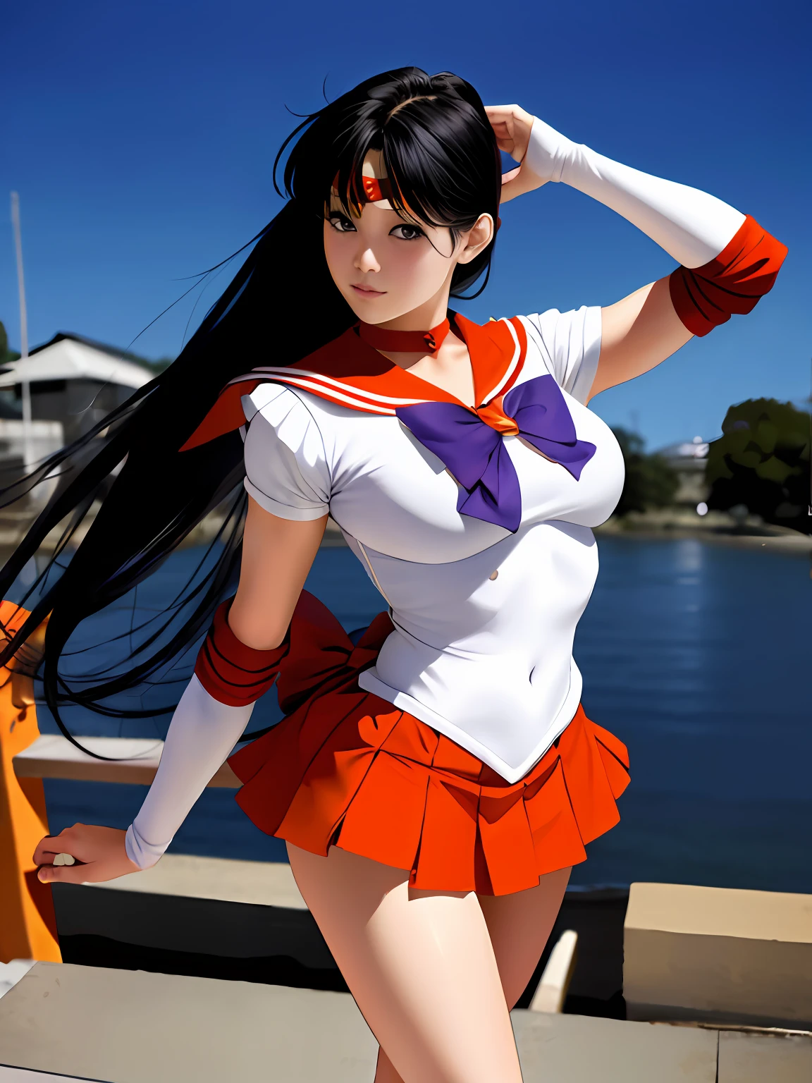 Japan woman wearing Sailor Mars costume posing for photo, beautiful flaxen hair、poneyTail、Ultra mini skirt、camel's toe、Beautiful、beautiful thigh、Beautiful upper arms、Beautiful belly button、Anime girl cosplay, Anime Cosplay, cosplay foto, professional cosplay, realistic cosplay, Cosplay, Sailor Uniform, real life anime girl, full-cosplay, Sailor Moon Style, cosplayer, by Sailor Moon, Ayaka Cosplay, publicity cosplay, sailormoon. Beautiful, loose coat collar sailor uniform
