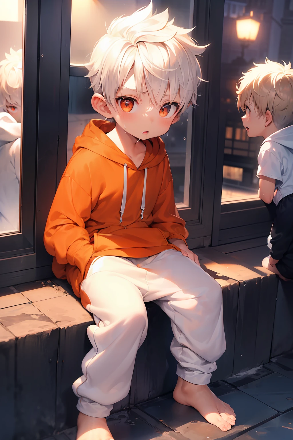 2 **********s with White hair and shiny orange eyes and barefoot and small feet wearing a oversized hoodie and sweatpants sitting on a window ledge, blushing, drooling, young, boy, child, small, toddler, tiny feet, (sweatpants:1.4), (young:1.4), (child:1.4), (shota:1.4), (hoodie:1.4), (night:1.4)