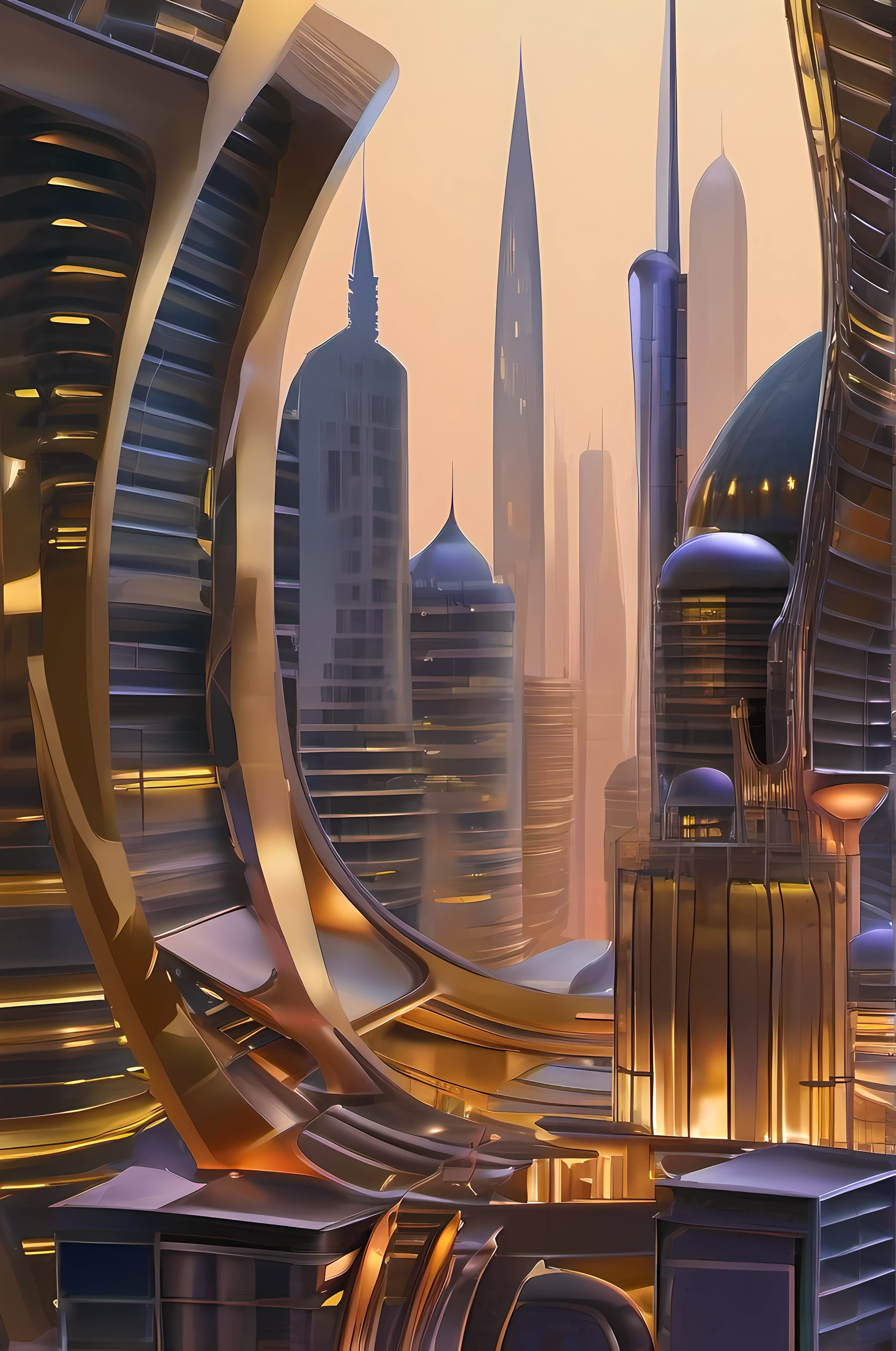 alien city, Curvilinear constructions, Translucent metal for building forms, Night scenery, arte de fantasia, arte de Clemilton Barbosa, detalhes intrincados, 16K
