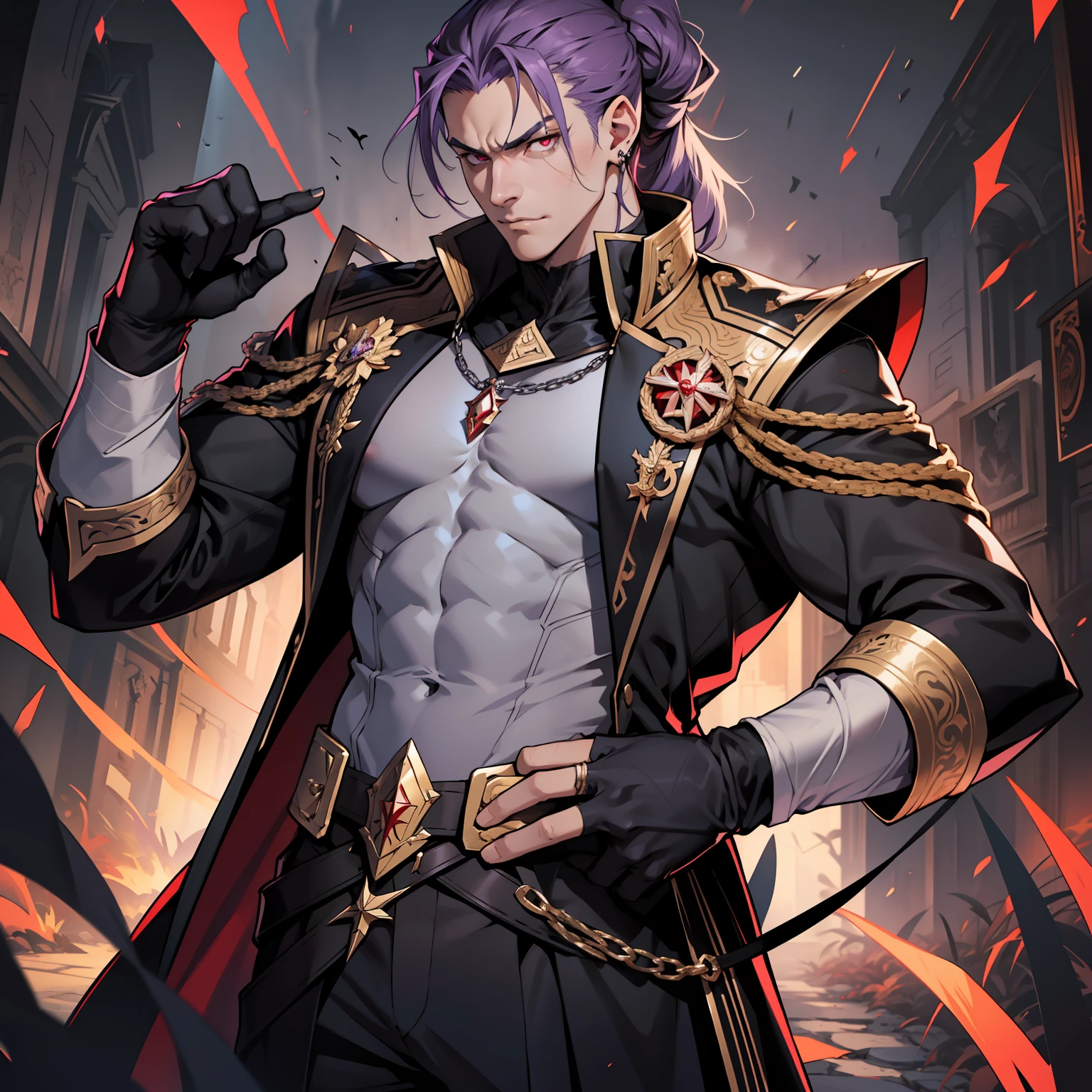 like all the demon princes, I am quite tall. I have purple hair tied back in a ponytail, and red eyes with sharp silver pupils. I wear fine clothes, as befits a prince of Hell, though they are always black. My demeanor is haughty, arrogant, and superior to others. I carry myself with confidence and a sense of pride that is unrivaled. When I speak, my words are sharp and my voice is powerful. I am the embodiment of pride and arrogance. handsome male, bara, muscular (8k) (good quality)