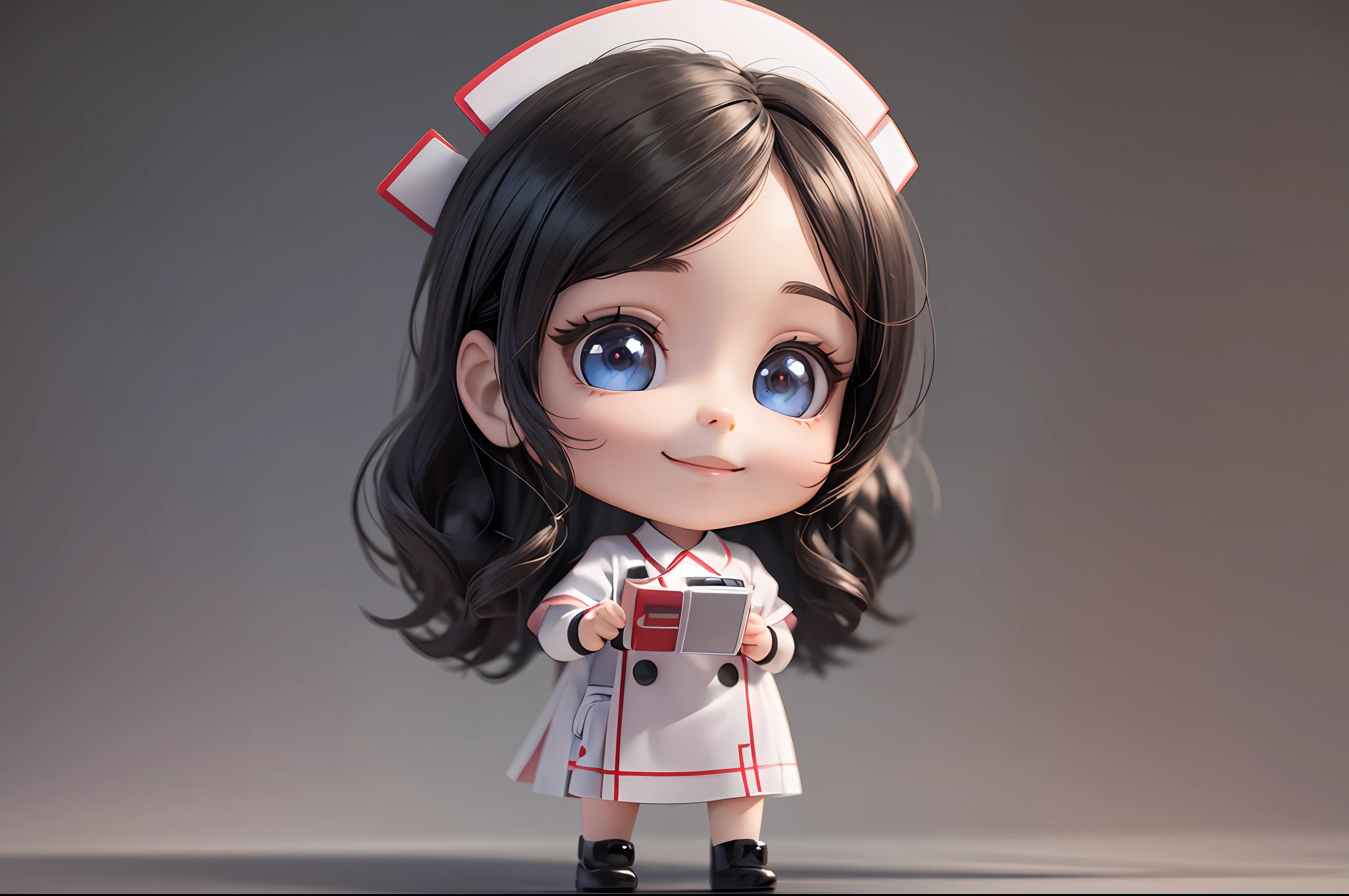 a cute little smiling doll dressed as a nurse, wavy jet black hair, cute gaze, crystal eyes, playing nurse, standing character, action, dynamic figure, happy day, soft smooth lighting, soft pastel colors, Skottie Young, 3D Blender render , polycount, modular constructivism, pop surrealism, physically based rendering, square image --auto --s2