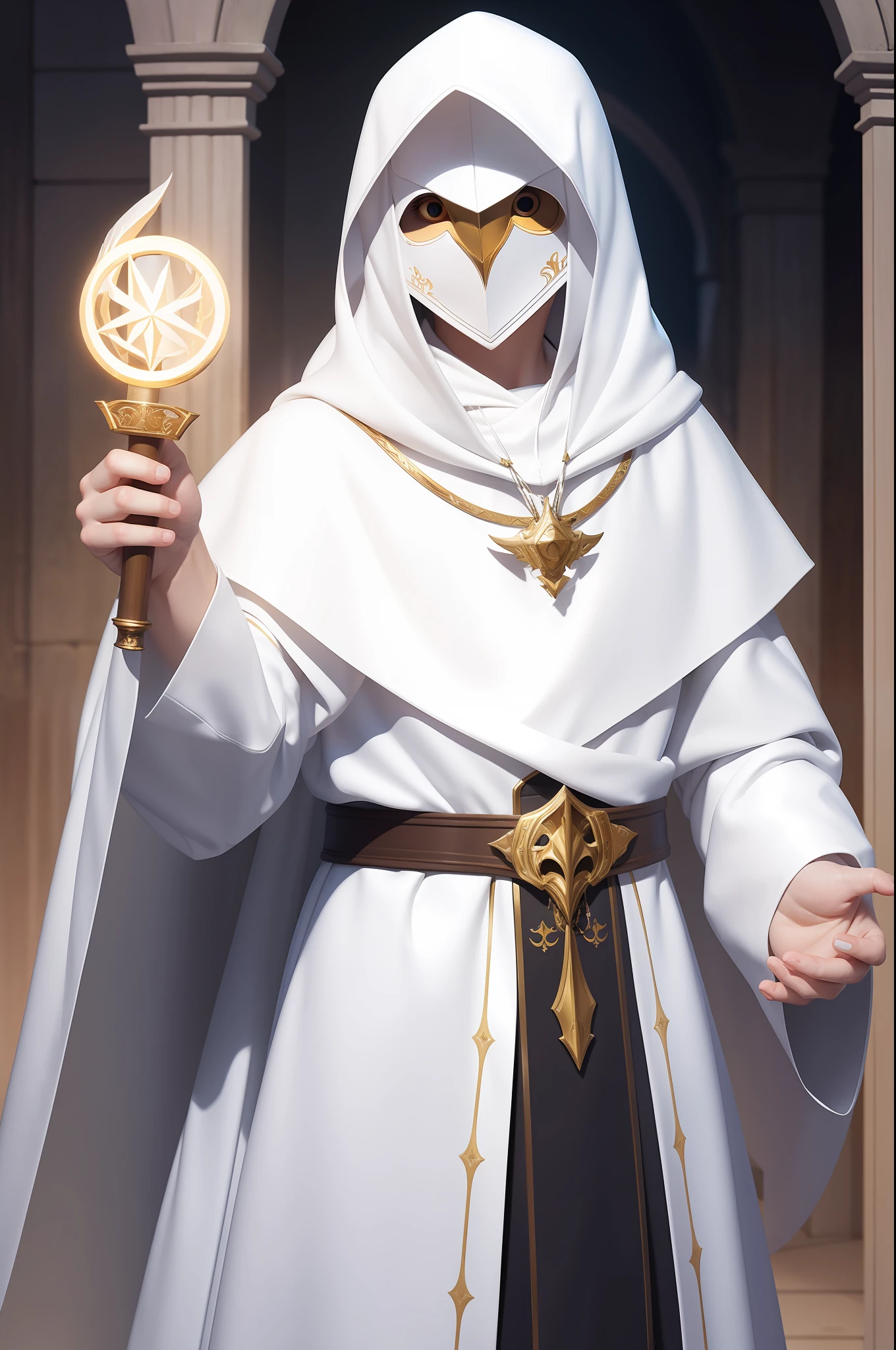 white humanoid owl with a white hood and a white theatre mask, cleric, glowing, inspired by WLOP, adorable digital painting, RPG character, dnd race