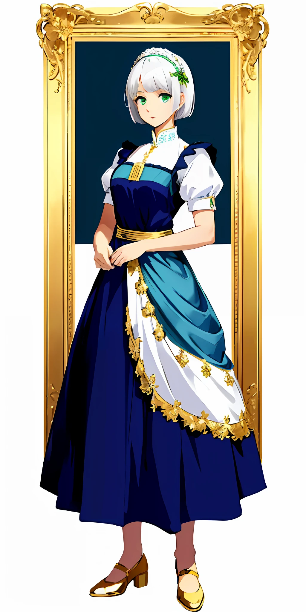 1girl, full body, white short hair, green eyes, blue maid dress, standing straight, long skirt with golden ornaments, white background