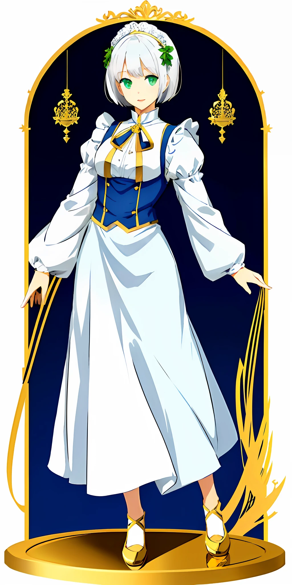 1girl, full body, white short hair, green eyes, blue maid dress, standing straight, long skirt with golden ornaments, white background