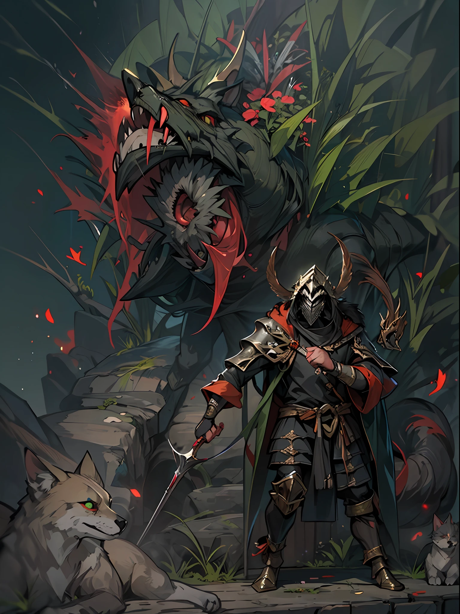 (mejor calidad, obra maestra), arte de terror, 1 joven rudo ,lobos, espinas,fuerte,armadura, sangre, oscuridad,verde intenso