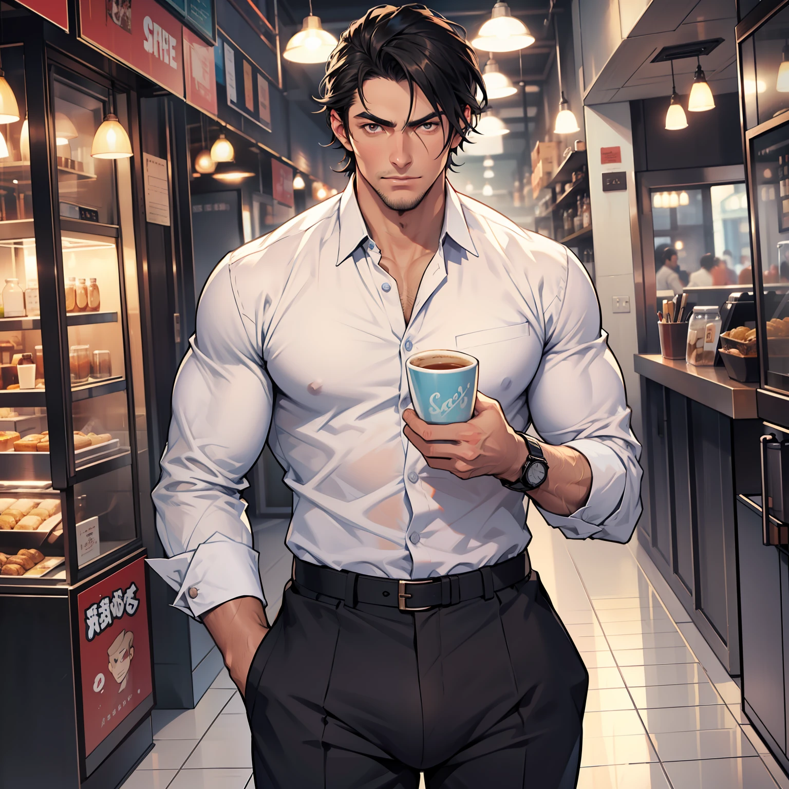 Handsome male, He has black hair, almost always unkempt but it has a certain look to it. He is tall, with broad shoulders, muscular. His face is very masculine but he has really kind eyes. Brown hazel eyes. Big bulge. Hair tied back. Trouser pants. White button up shirt. Cafe