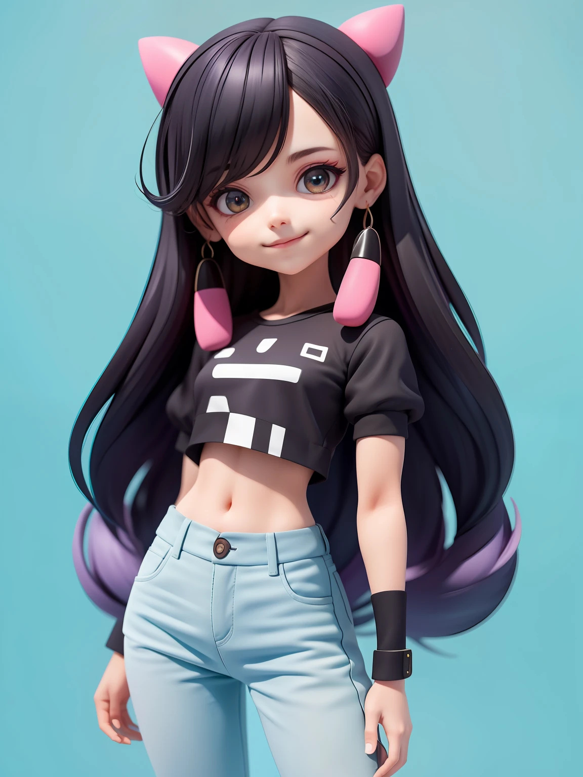 (obra-prima), (melhor qualidade), (ultra-detalhado), (corpo inteiro: 1.2) loli menina negra, pants and mini blouse, sorriso claro, corpo inteiro, :3, cabelo multicolor, curto, preso, pavor, moderno, Modern accessories, fundo tom pastel , colorido e simples.