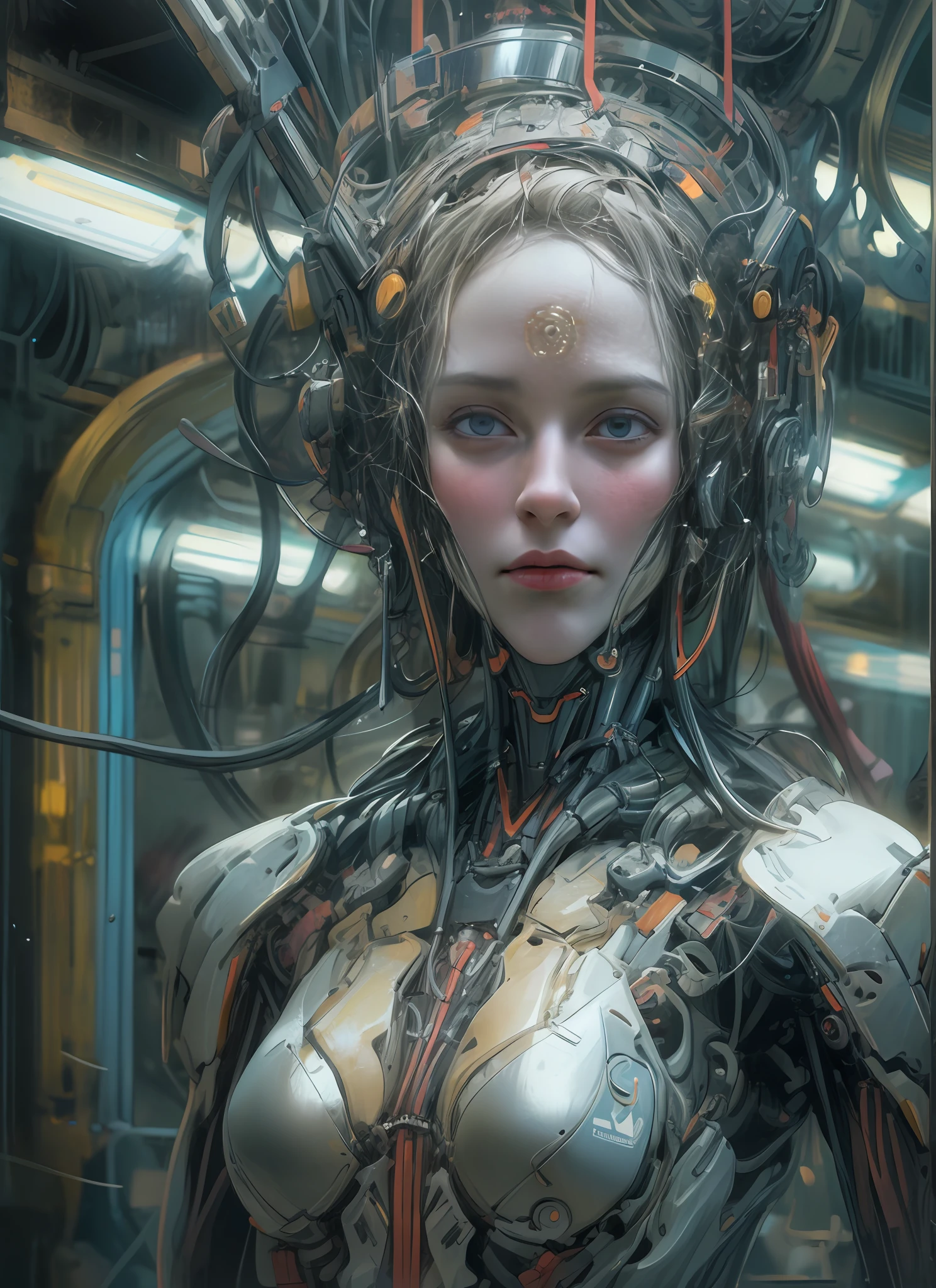 Top Quality, Masterpiece, Ultra High Resolution, ((Photorealistic: 1.4), Raw Photo, 1 cyberpunk android Girl, ((portrait)), Glossy Skin, (Ultra Realistic Details)), transparent plastic covering mechanical limbs, tubes connected to the mechanical parts, mechanical vertebrae attached to the spine, mechanical cervical attachment to the neck, wires and cables connecting to the head, Evangelion, ((Ghost in the Shell)), small glowing LED lamps, global lighting, deep shadows, Octane Rendering, 8K, Ultra Sharp, Metal, Intricate Ornament Details, baroque details, Very intricate details, realistic light, CGSoation trend, facing the camera, neon details, (android manufactory in background), art by H.R. Giger and Alphonse Mucha.