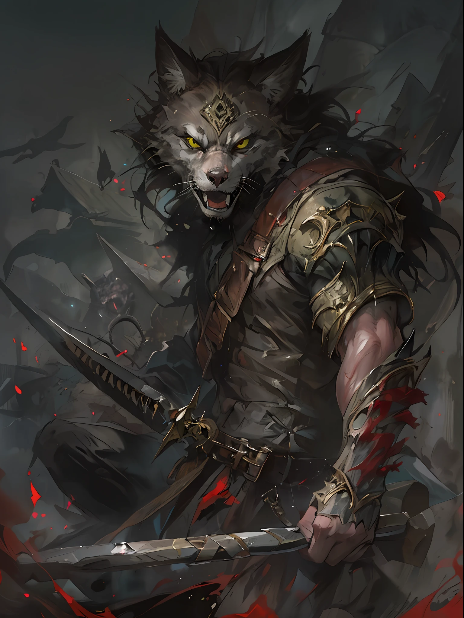 (mejor calidad, obra maestra), arte de terror, 1 joven rudo ,lobos, espinas,fuerte,armadura, sangre, oscuridad,verde intenso