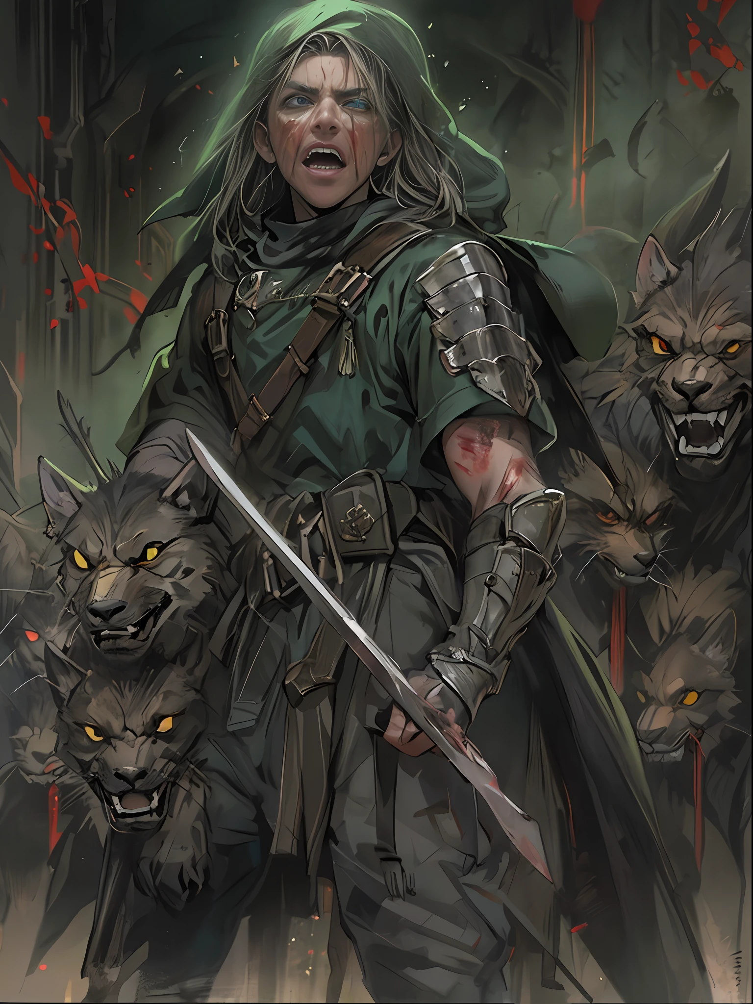 (mejor calidad, obra maestra), arte de terror, 1 joven rudo ,lobos, espinas,fuerte,armadura, sangre, oscuridad,verde intenso