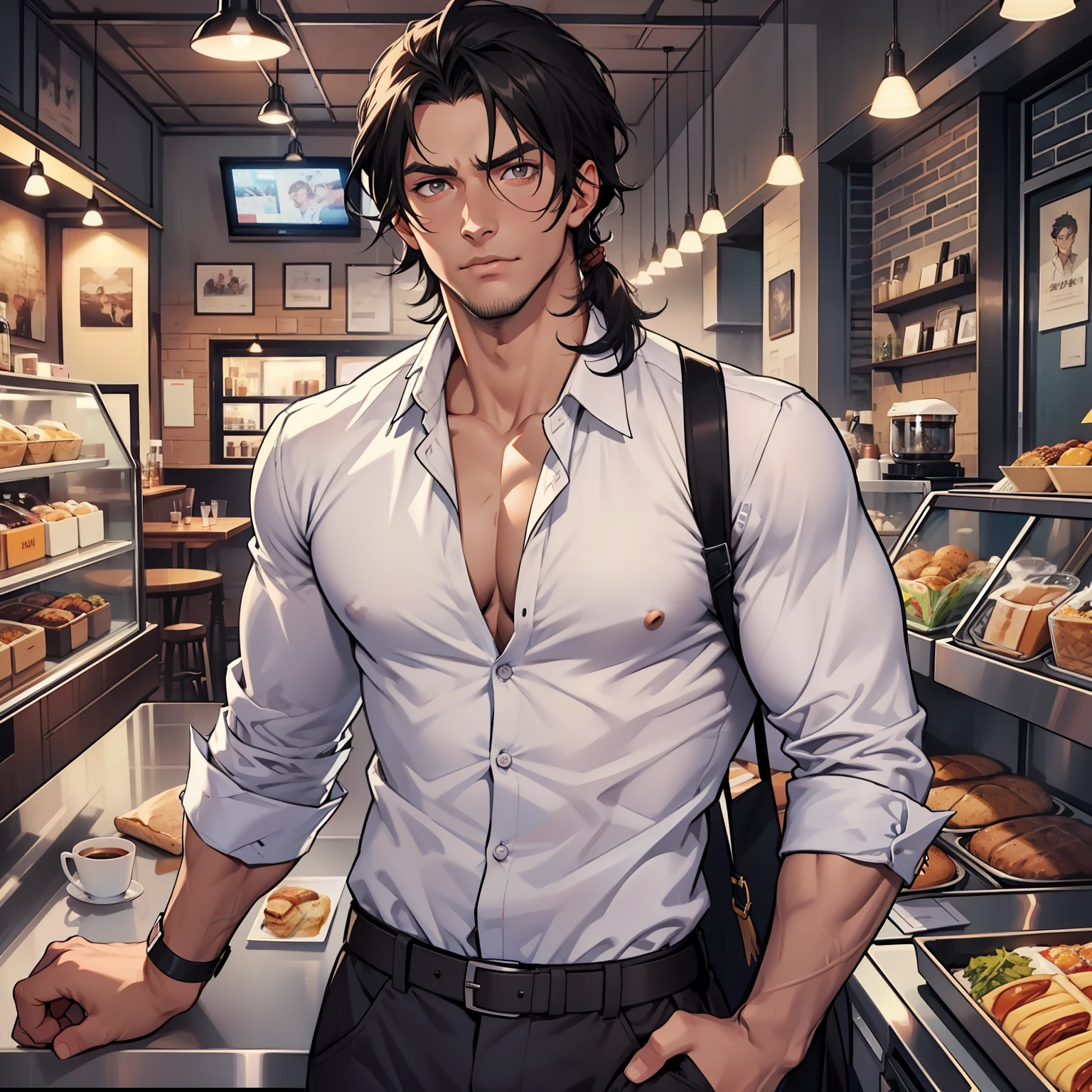 Handsome male, He has black hair, almost always unkempt but it has a certain look to it. He is tall, with broad shoulders, muscular. His face is very masculine but he has really kind eyes. Brown hazel eyes. Big bulge. Hair tied back. Trouser pants. White button up shirt. Cafe
