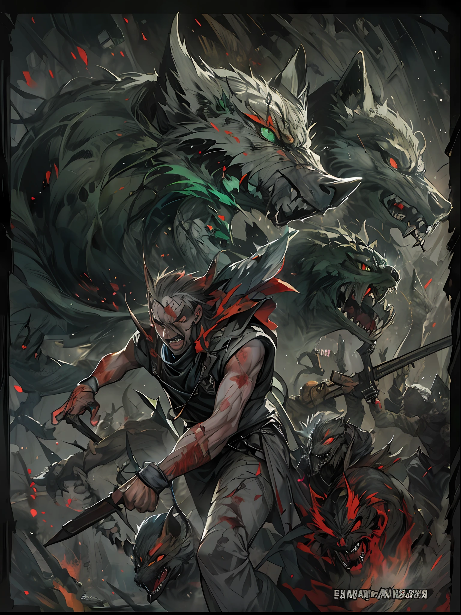 (mejor calidad, obra maestra), arte de terror, 1 joven rudo ,lobos, espinas,fuerte,armadura, sangre, oscuridad,verde intenso