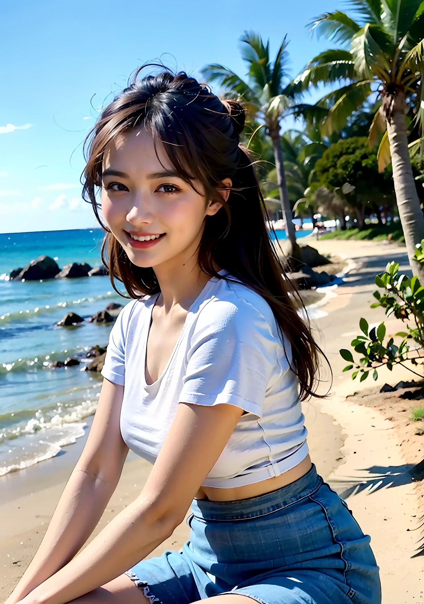 22 year old girl, wearing knee length mini skirt, white top, light blue skirt, brown hair, 3/4 body, portrait photo, deep of field, f/0.5, 200mm, girly, pretty, detailed skin description, realistic, 1 girl, natural pose, beach resort in the background, high bun hairstyle, moon night light,