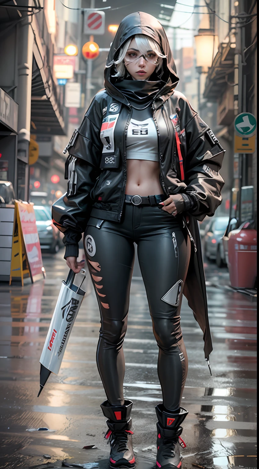 1nun with techwear jacket, sexy tech clothes, cabelo longo preto, superdetalhado, super sharp, abstract scifi background, ray tracing, cinematic lighting