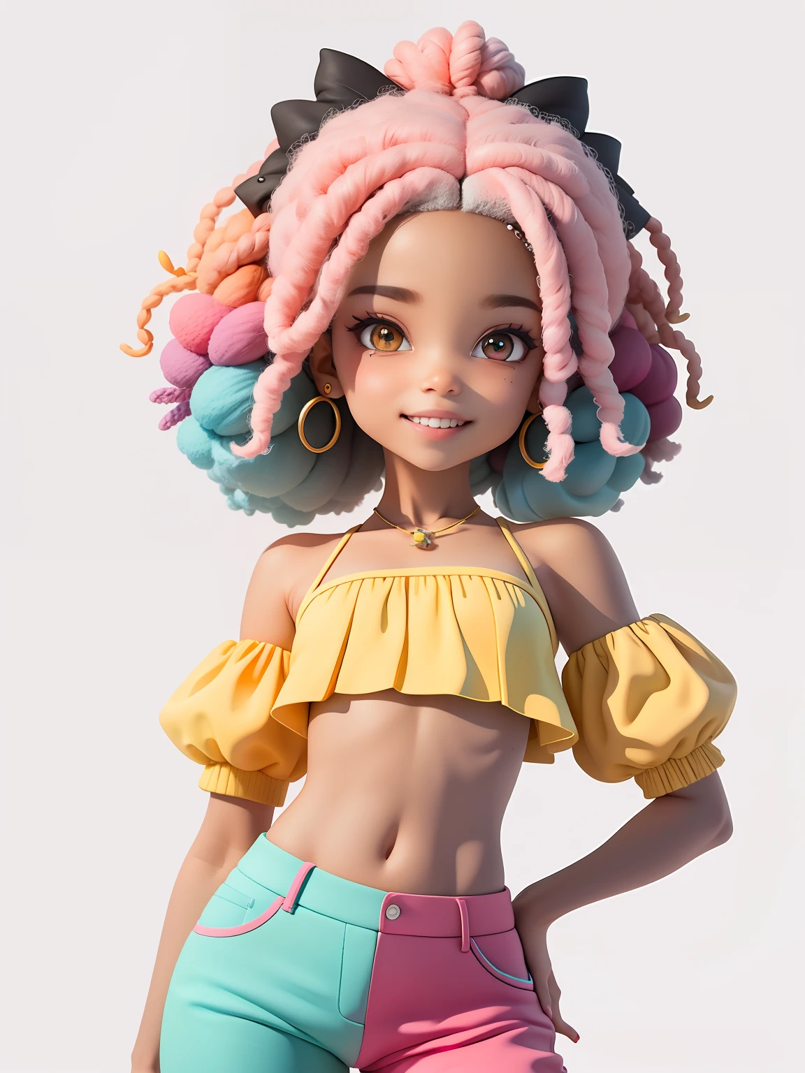 (obra-prima), (melhor qualidade), (ultra-detalhado), (corpo inteiro: 1.2) loli menina afro, pants and mini blouse, sorriso claro, corpo inteiro, :3, cabelo multicolor, curto, preso, pavor, moderno, Modern accessories, fundo tom pastel , colorido e simples.
