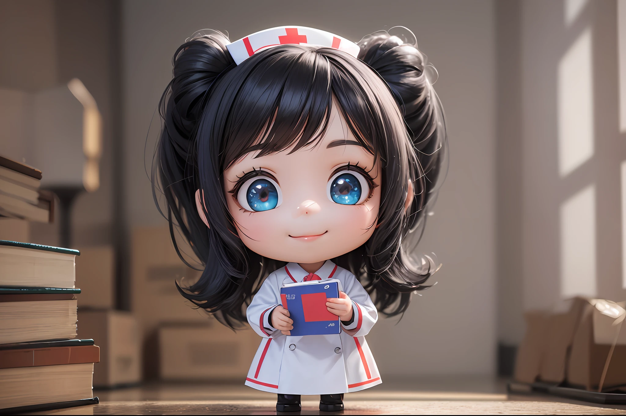 a cute little smiling doll dressed as a nurse, wavy jet black hair, cute gaze, crystal eyes, playing nurse, standing character, action, dynamic figure, happy day, soft smooth lighting, soft pastel colors, Skottie Young, 3D Blender render , polycount, modular constructivism, pop surrealism, physically based rendering, square image --auto --s2