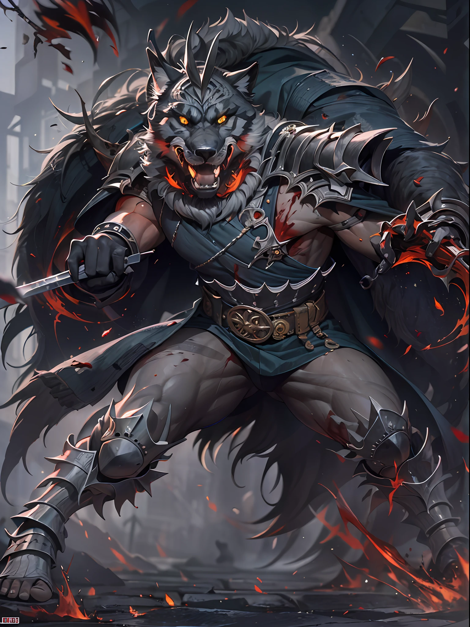 (mejor calidad, obra maestra), arte de terror, 1 joven rudo ,lobos, espinas,fuerte,armadura, sangre, oscuridad,verde intenso