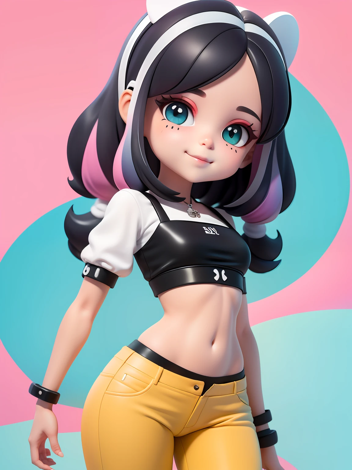 (obra-prima), (melhor qualidade), (ultra-detalhado), (corpo inteiro: 1.2) loli menina loira, negra, pants and mini blouse, sorriso claro, corpo inteiro, :3, cabelo multicolor, curto, preso, pavor, moderno, Modern accessories, fundo tom pastel , colorido e simples.