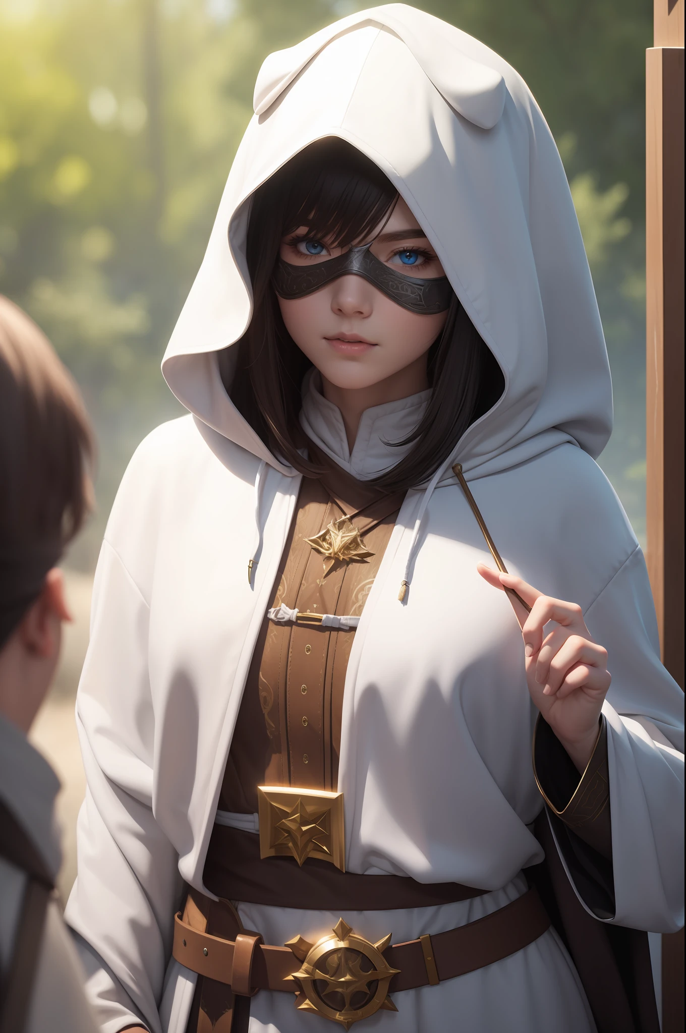 white owl with a white hood and a white theatre mask, cleric, glowing, inspired by WLOP, adorable digital painting, RPG character, dnd race