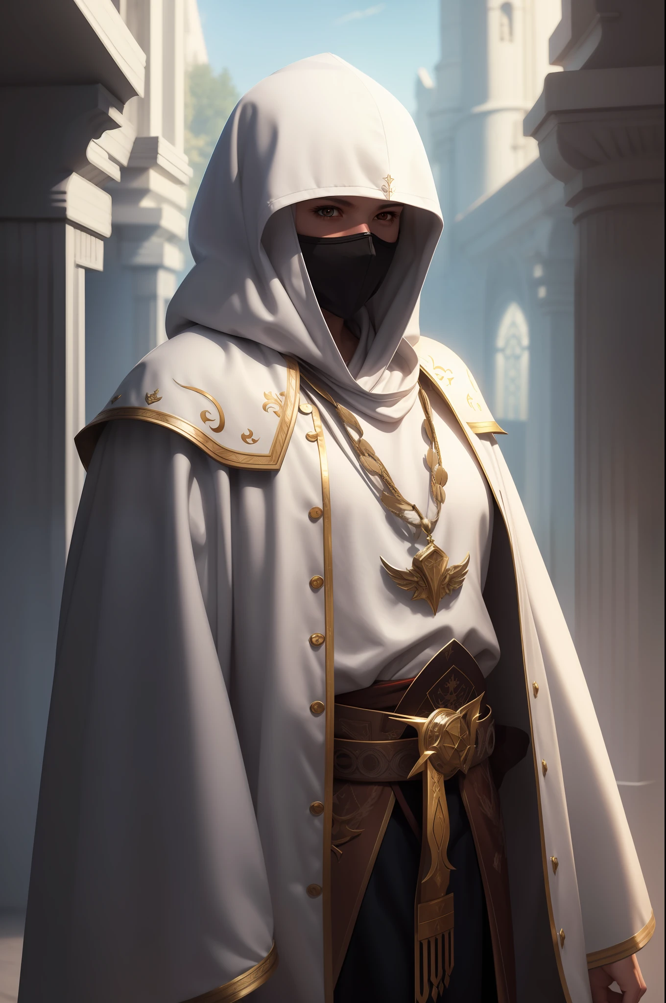 white owl with a white hood and a white theatre mask, cleric, glowing, inspired by WLOP, adorable digital painting, RPG character, dnd race