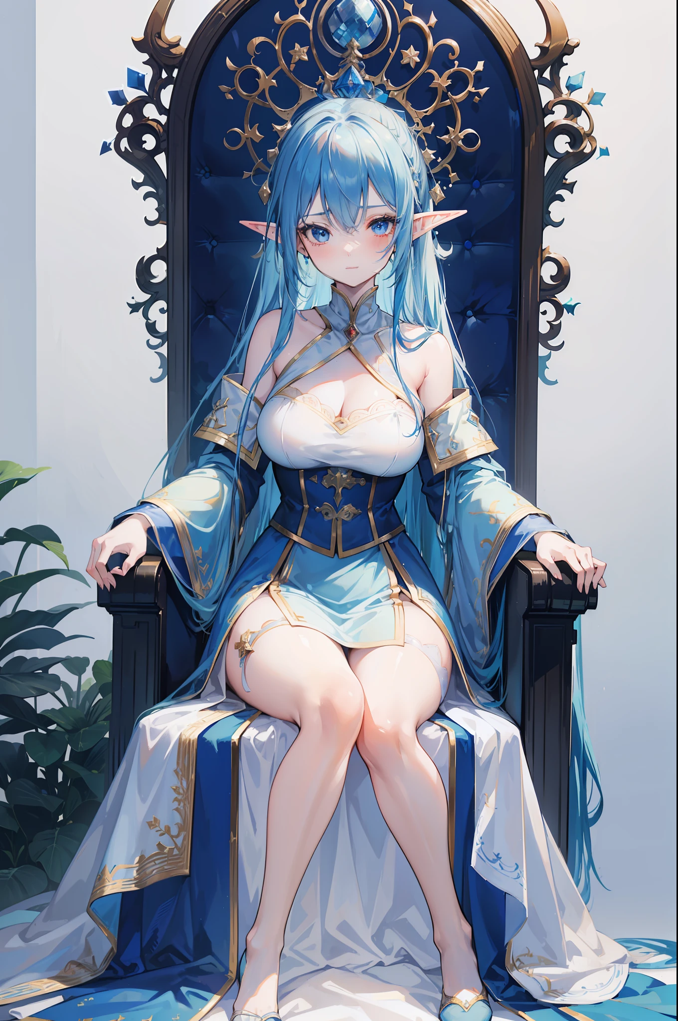 woman with blue hair, ((elf ears)), slight smile, slight blush, long hair, (extremely detailed face and clothing), full body, (looking into camera), (realistic camera angle), fantasy, in fancy castle, (sitting on throne), blue and white dress, (((masterpiece))), (((ultra high quality, 8k)))