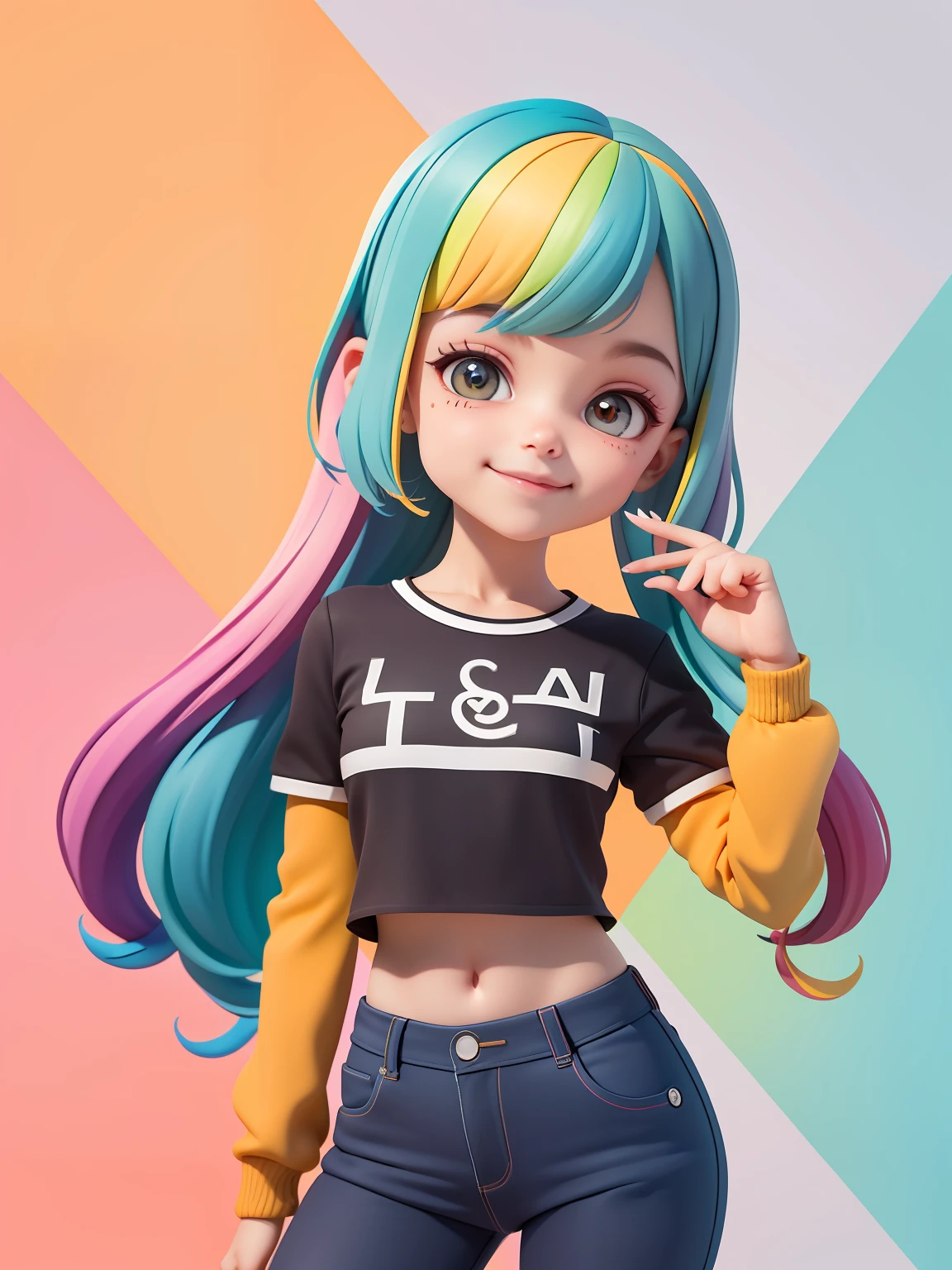 (obra-prima), (melhor qualidade), (ultra-detalhado), (corpo inteiro: 1.2) loli menina loira, negra, pants and mini blouse, sorriso claro, corpo inteiro, :3, cabelo multicolor, curto, preso, pavor, moderno, Modern accessories, fundo tom pastel , colorido e simples.