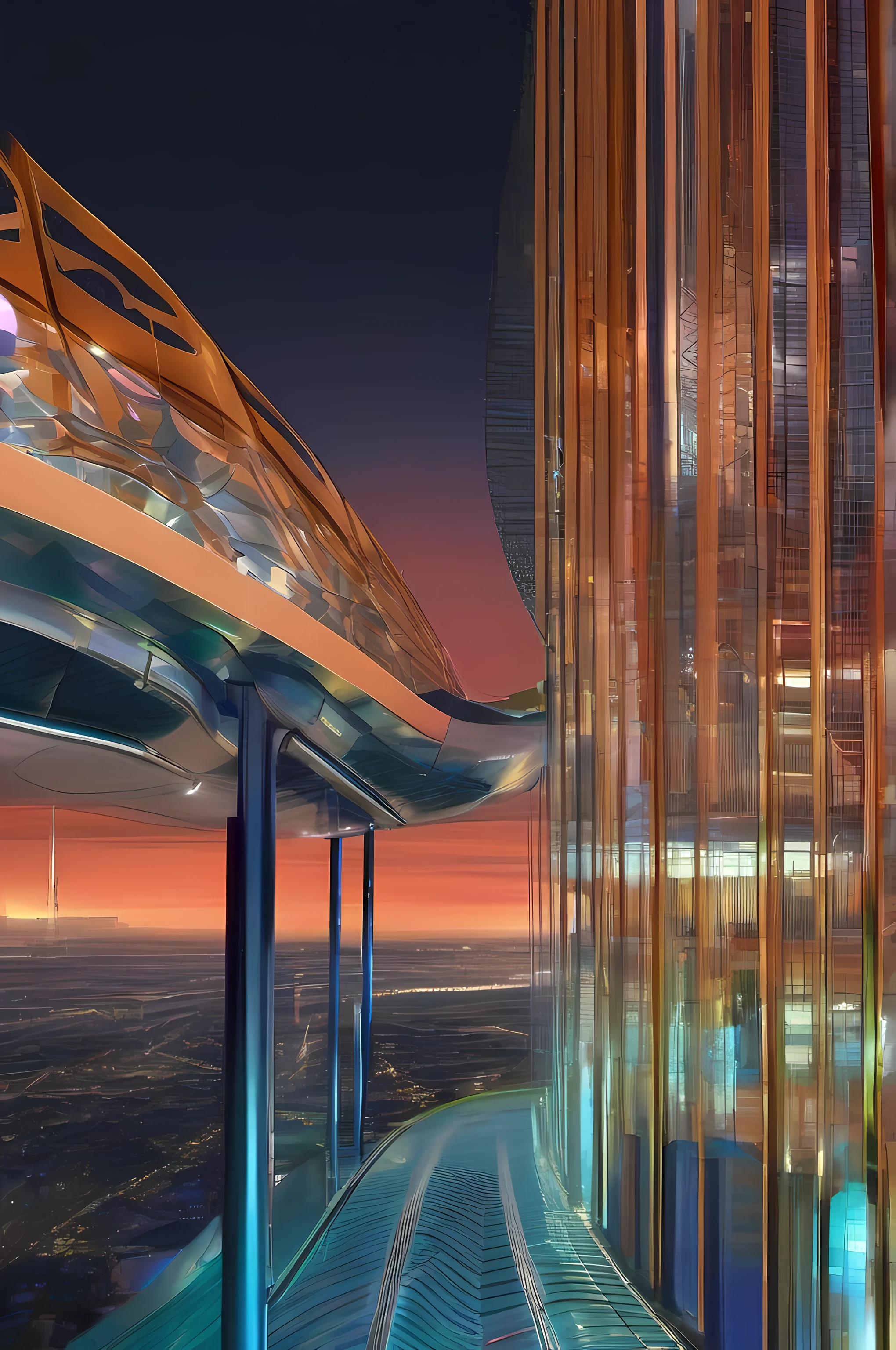 alien city, Curvilinear constructions, Translucent metal for building forms, Night scenery, arte de fantasia, arte de Clemilton Barbosa, detalhes intrincados, 16K