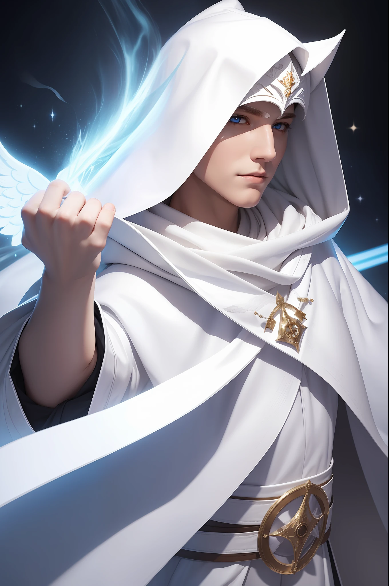 white (humanoid:1.3) owl with a white hood and a white theatre mask, cleric, glowing, inspired by WLOP, adorable digital painting, RPG character, dnd race