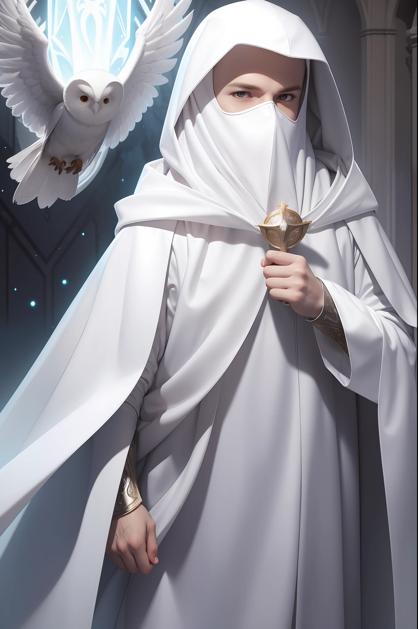 white (humanoid:1.3) owl with a white hood and a white theatre mask, cleric, glowing, inspired by WLOP, adorable digital painting, RPG character, dnd race