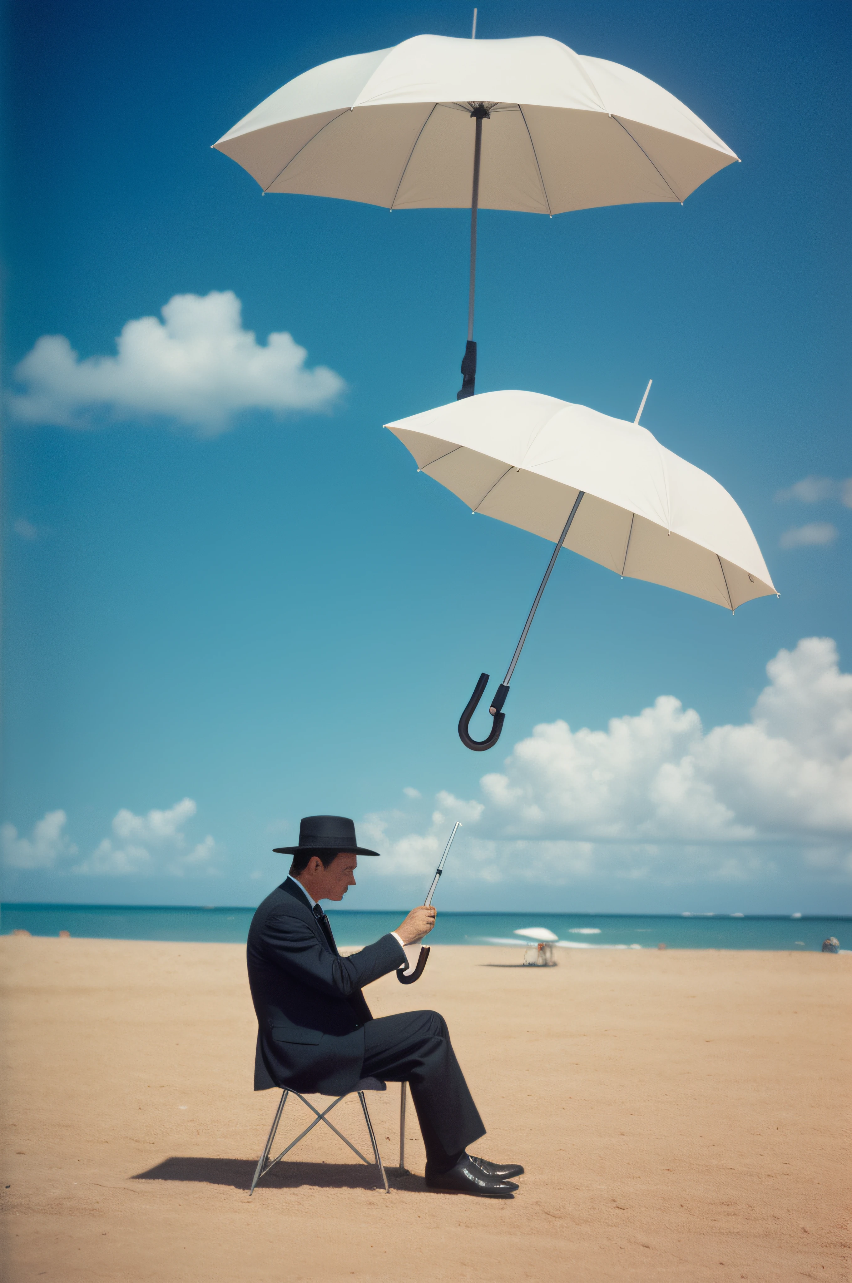 Man sitting with umbrella in hands behind, Recortes de revistas dos anos 50, surrealismo, Vindima do Futuro, scientific fiction, cores fortes, foto do filme, Grain, 35 mm, Chris Foss