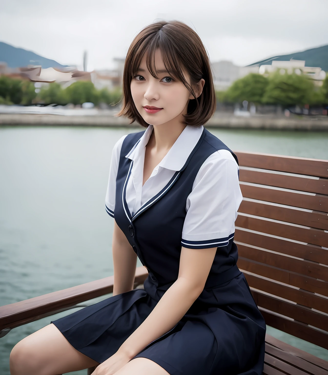 ((top-quality、8K、masterpiece:1.3))、Photorealsitic, foco nítido, high-level image quality, hight resolution, Portrait, Solo, japanes, maturefemale, Beautie, Clothes with a view of cleavage, 50 years old, Plump, Bob Hair ,a sailor suit 、High School Girl Cosplay、Saggy wrinkles,, School Sexy Figure,