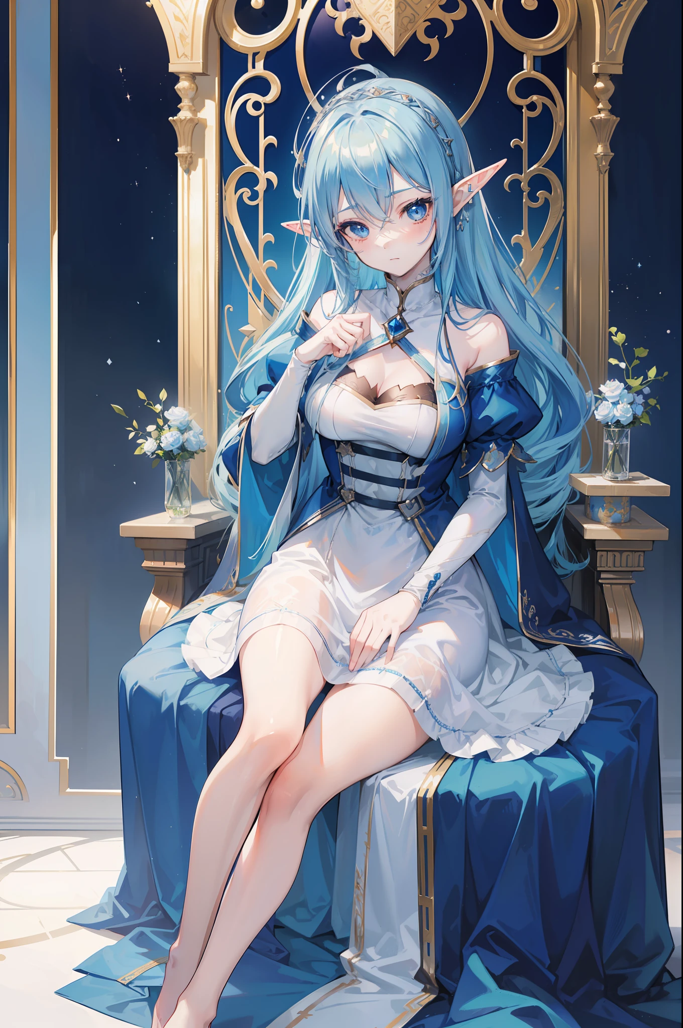 woman with blue hair, ((elf ears)), slight smile, slight blush, long hair, (extremely detailed face and clothing), full body, (looking into camera), (realistic camera angle), fantasy, in fancy castle, (sitting on throne), blue and white dress, (((masterpiece))), (((ultra high quality, 8k)))
