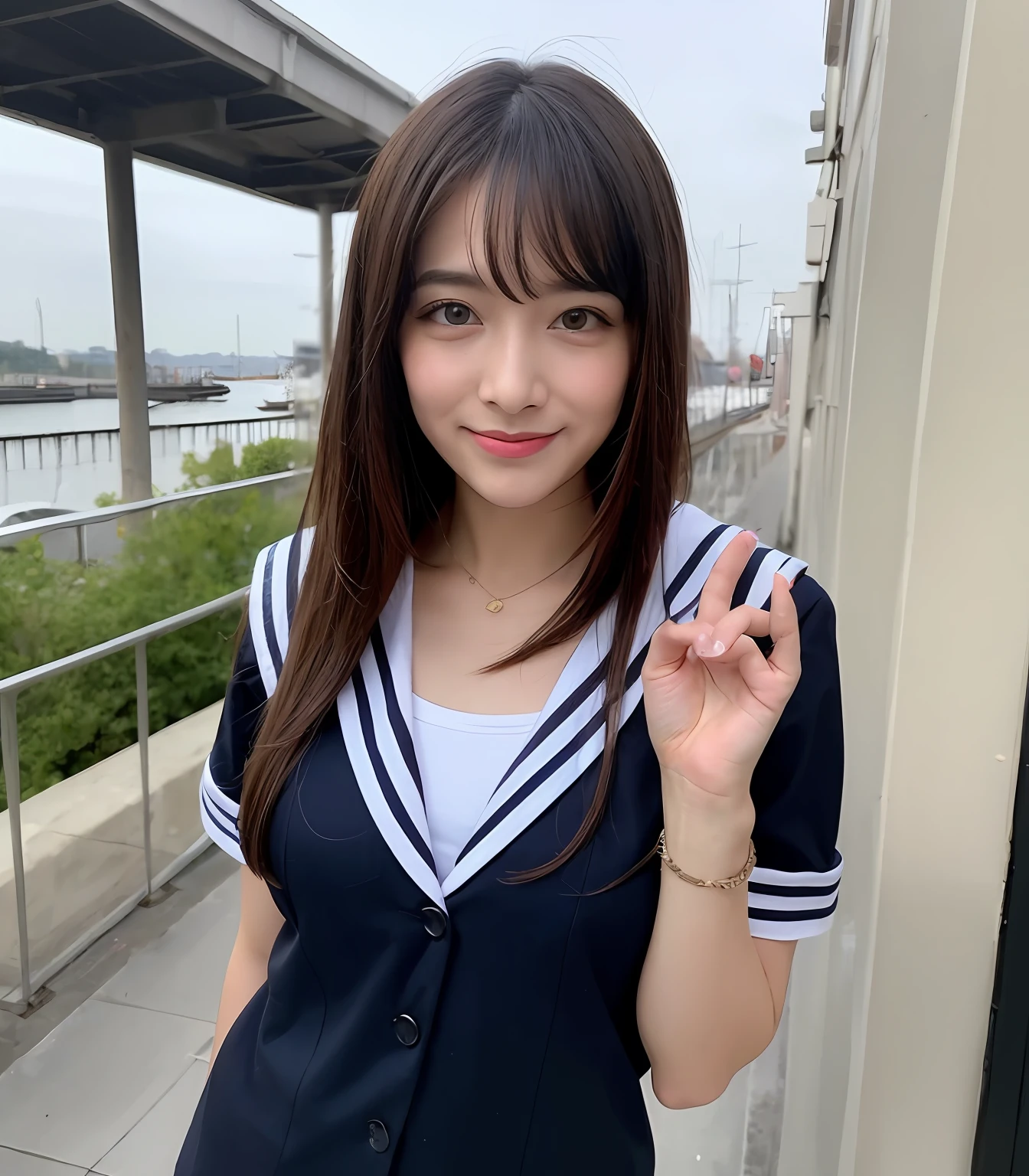 ((top-quality、8K、masterpiece:1.3))、Photorealsitic, foco nítido, high-level image quality, hight resolution, Portrait, Solo, japanes, maturefemale, Beautie, Clothes with a view of cleavage, 50 years old, Plump, Bob Hair ,a sailor suit 、High School Girl Cosplay、Saggy wrinkles,, School Sexy Figure,