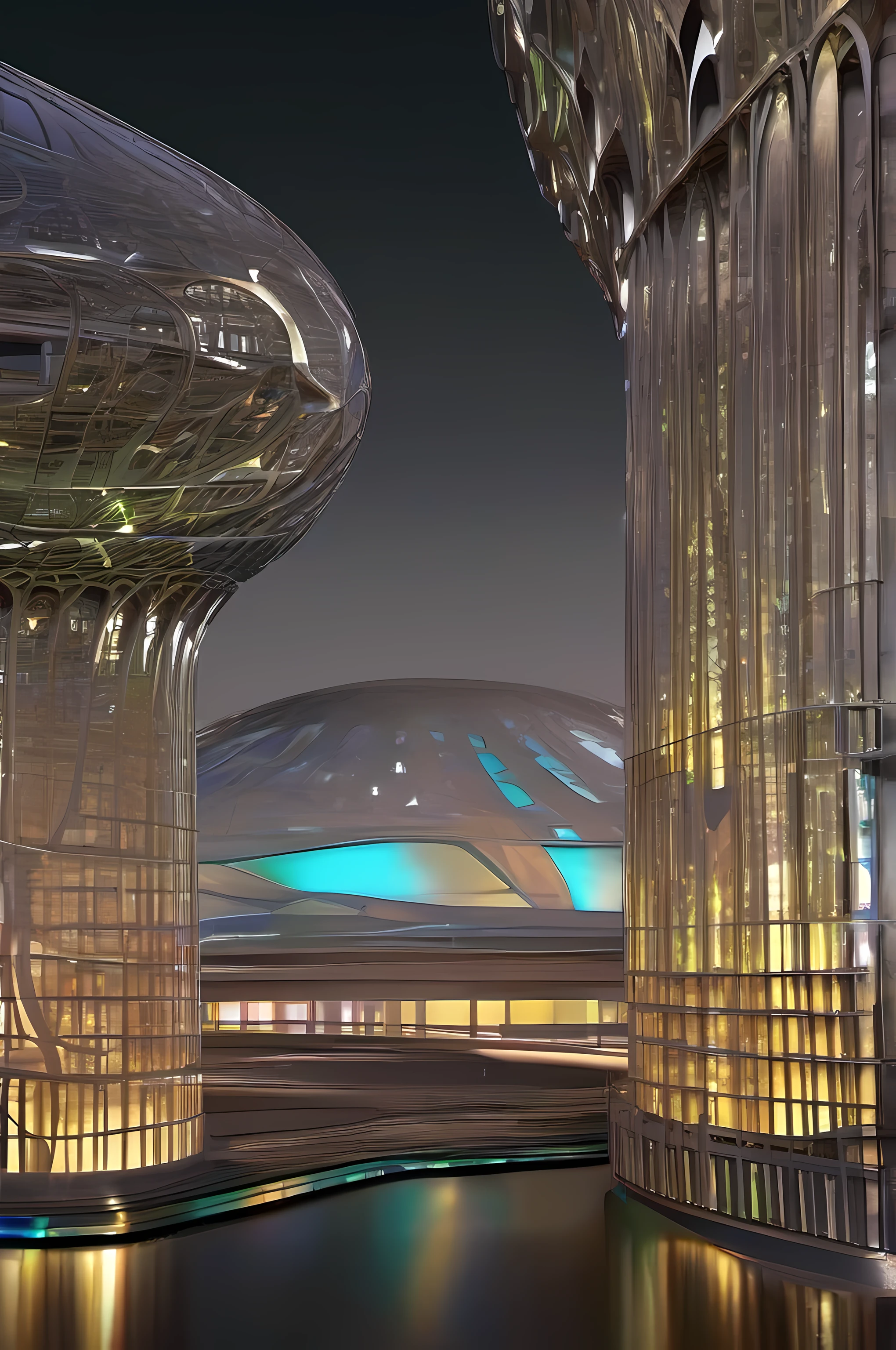 alien city, Curvilinear constructions, Translucent metal for building forms, Night scenery, arte de fantasia, arte de Clemilton Barbosa, detalhes intrincados, 16K