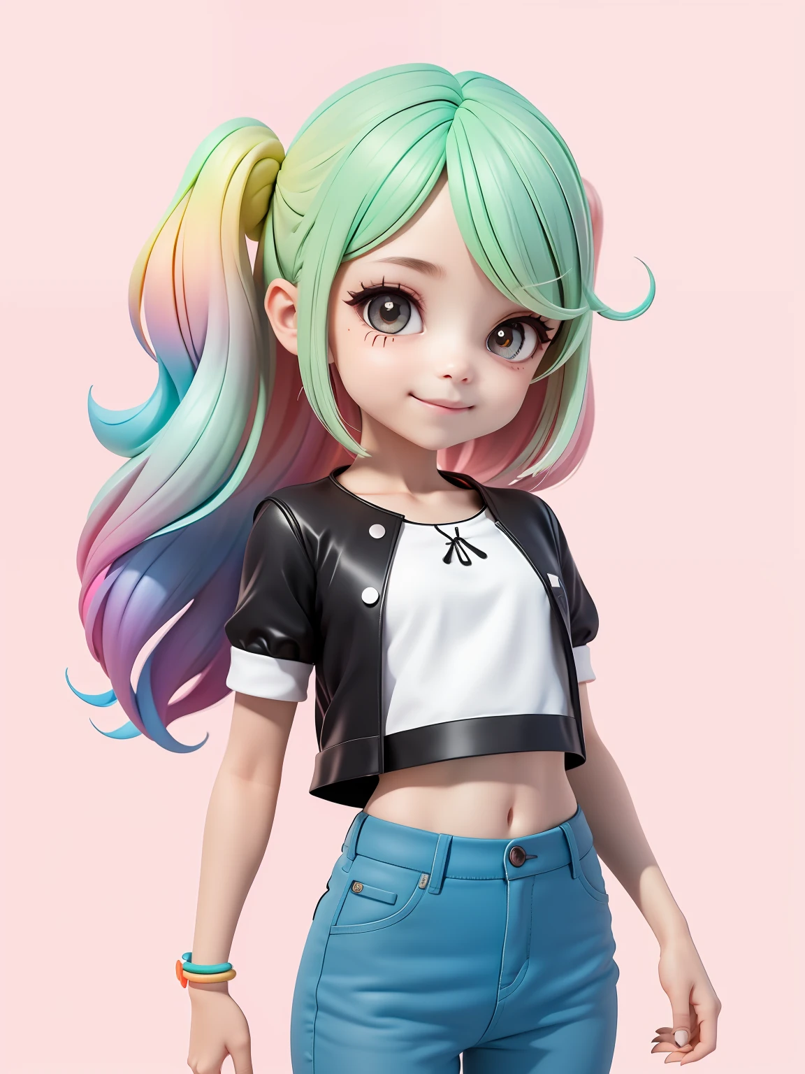 (obra-prima), (melhor qualidade), (ultra-detalhado), (corpo inteiro: 1.2) loli menina loira, negra, pants and mini blouse, sorriso claro, corpo inteiro, :3, cabelo multicolor, curto, preso, pavor, moderno, Modern accessories, fundo tom pastel , colorido e simples.